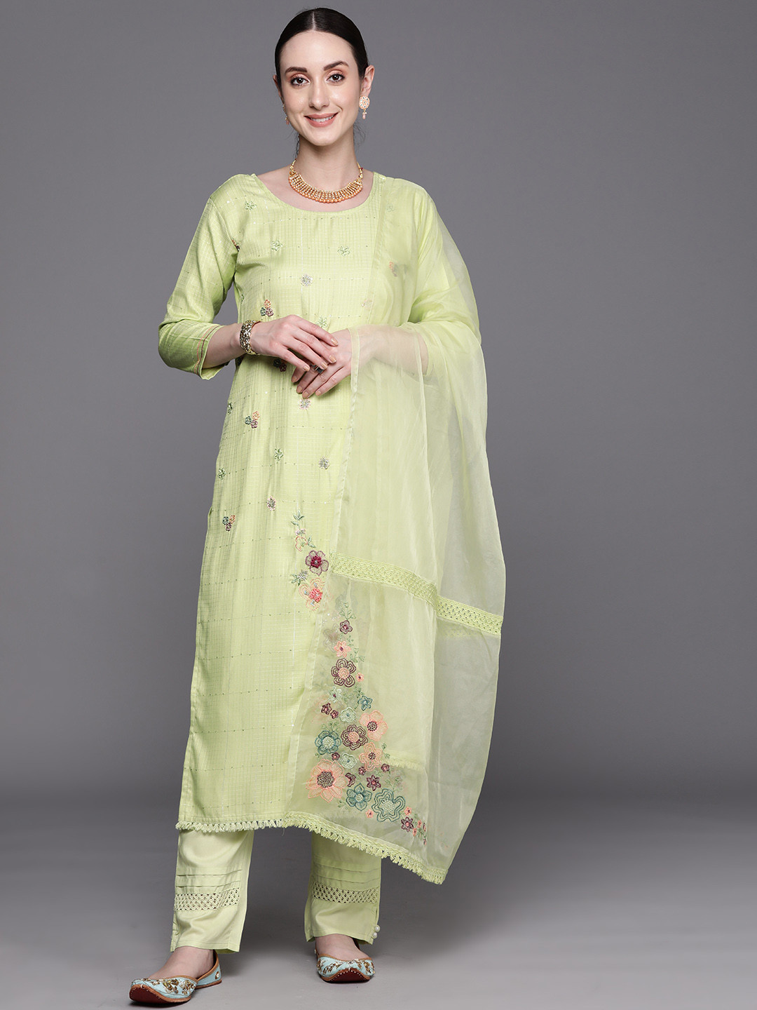 

Indo Era Floral Embroidered Regular Thread Work Kurta With Trousers & Dupatta, Green