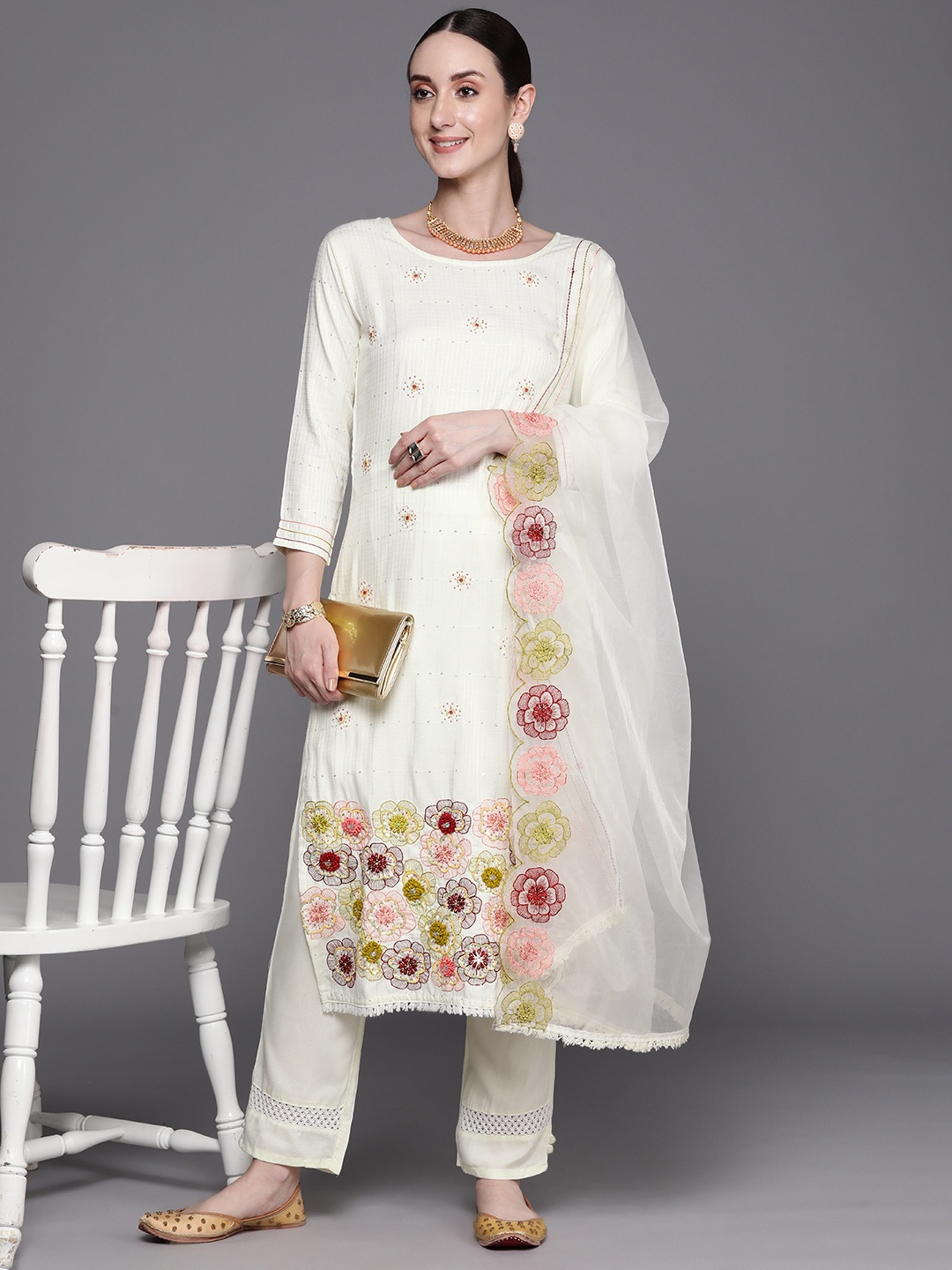 

Indo Era Floral Embroidered Thread Work Pure Cotton Kurta With Trousers & Dupatta, Off white