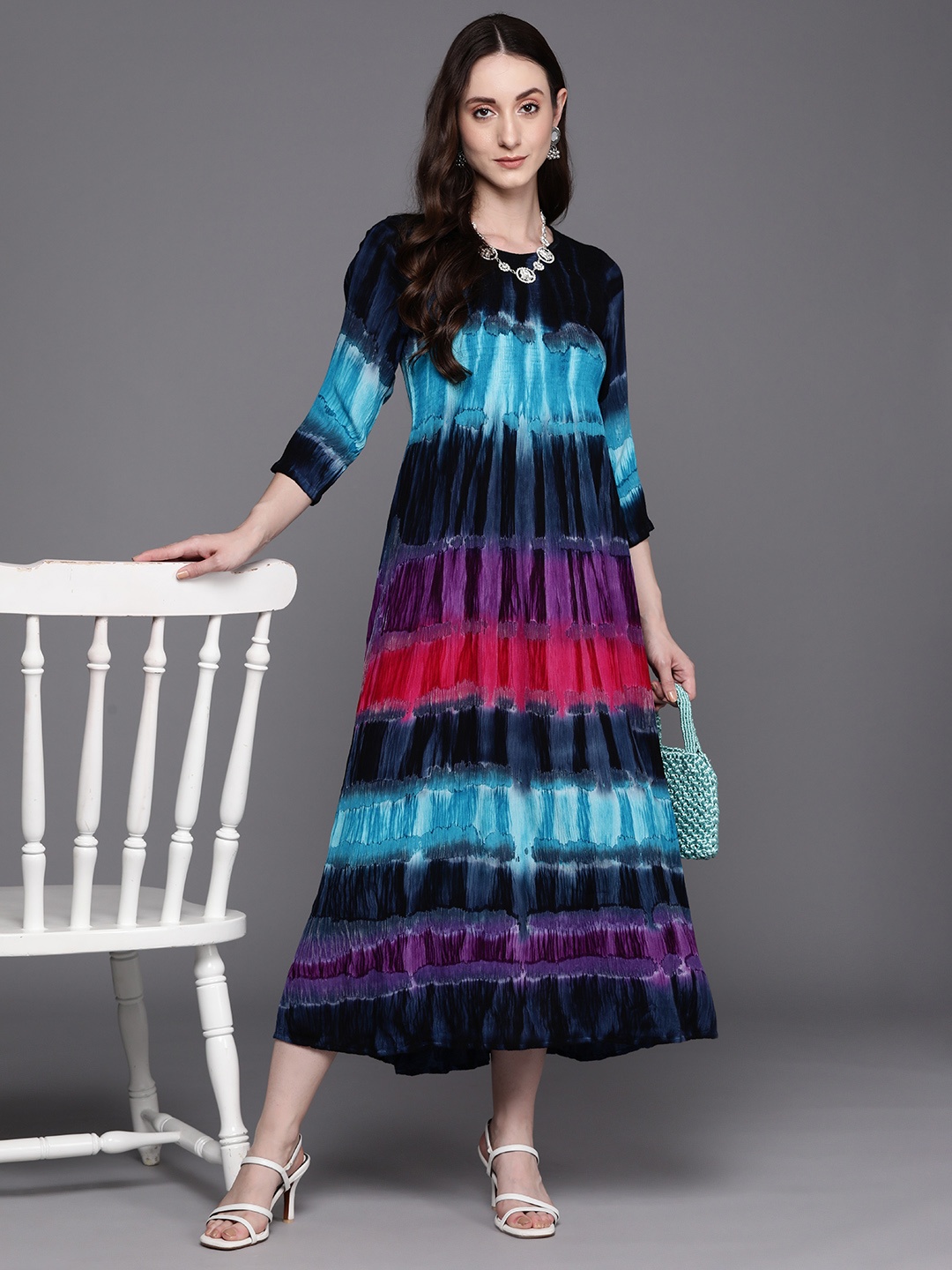 

Indo Era Tie & Dye Tiered Midi Ethnic Dress With Smocked Detail, Multi