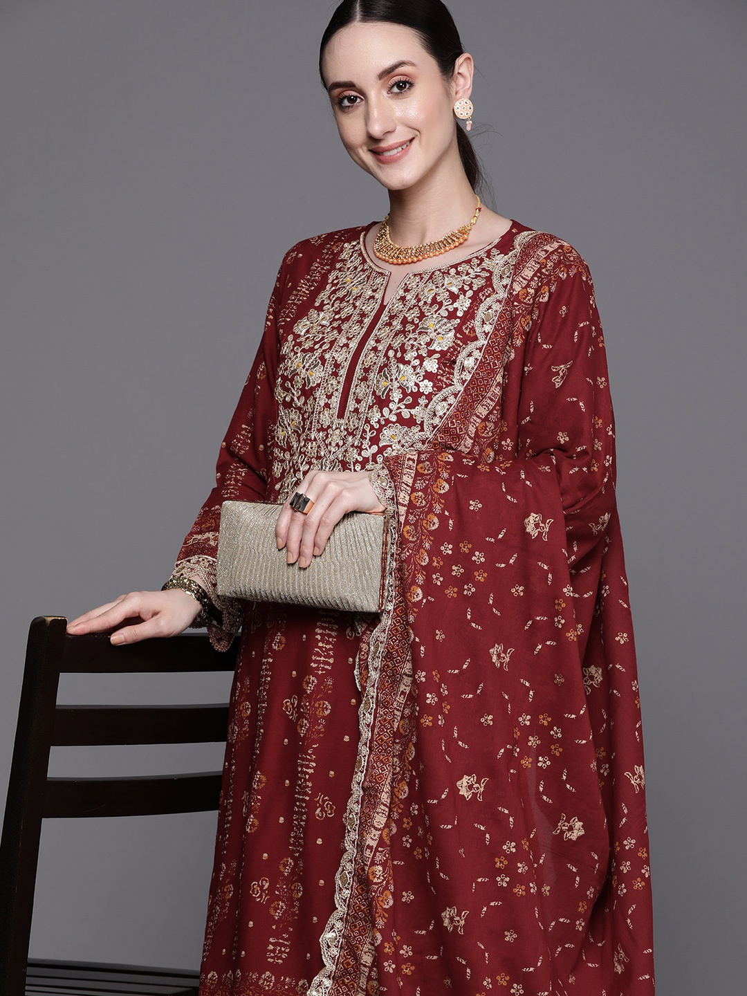 

Indo Era Floral Printed Regular Sequinned Kurta With Sharara & Dupatta, Maroon