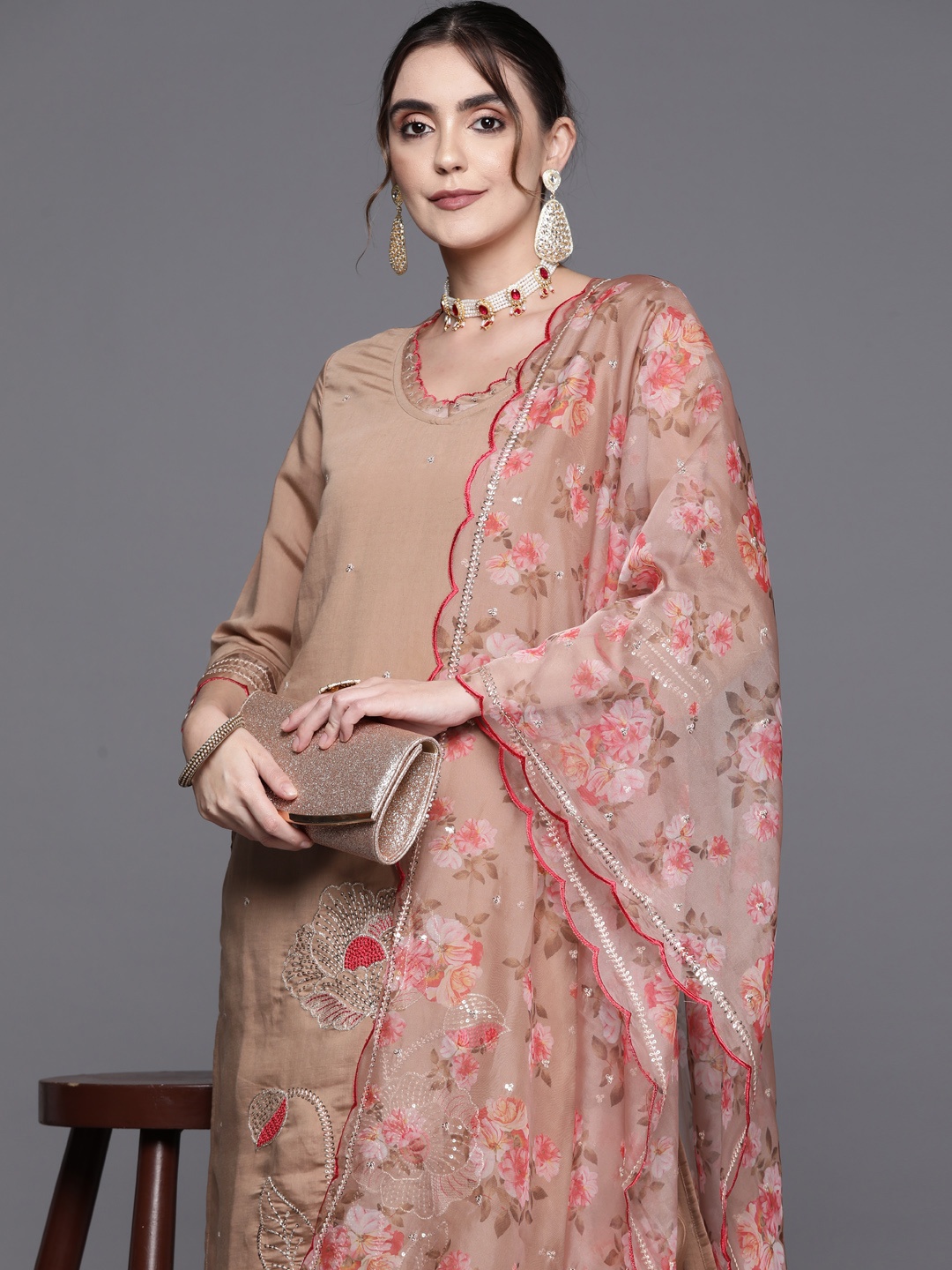 

Indo Era Women Floral Embroidered Regular Sequinned Kurta with Trousers & With Dupatta, Brown