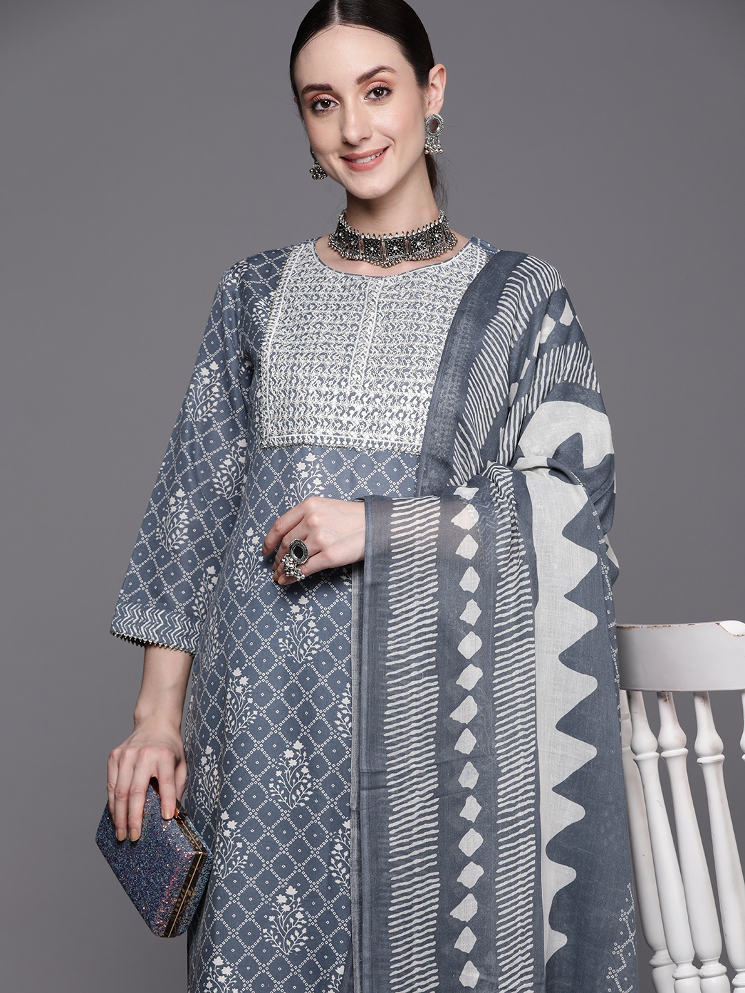 

Indo Era Bandhani Printed Regular Thread Work Pure Cotton Kurta With Trousers & Dupatta, Blue