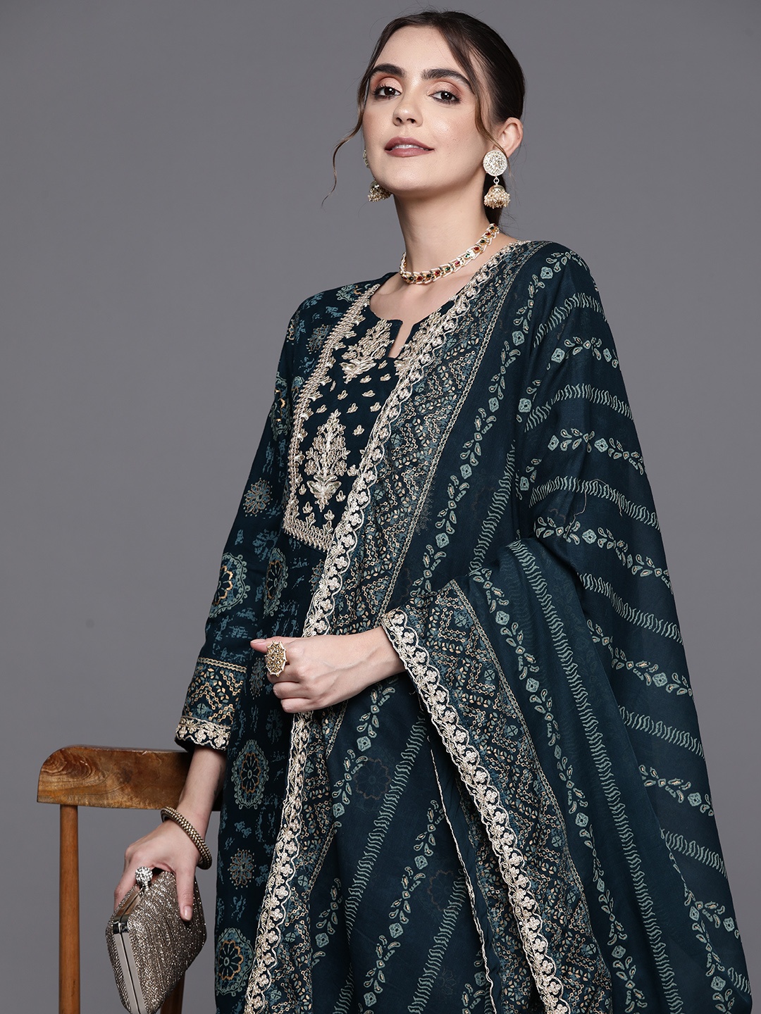 

Indo Era Floral Printed Regular Sequinned Kurta With Sharara & Dupatta, Teal
