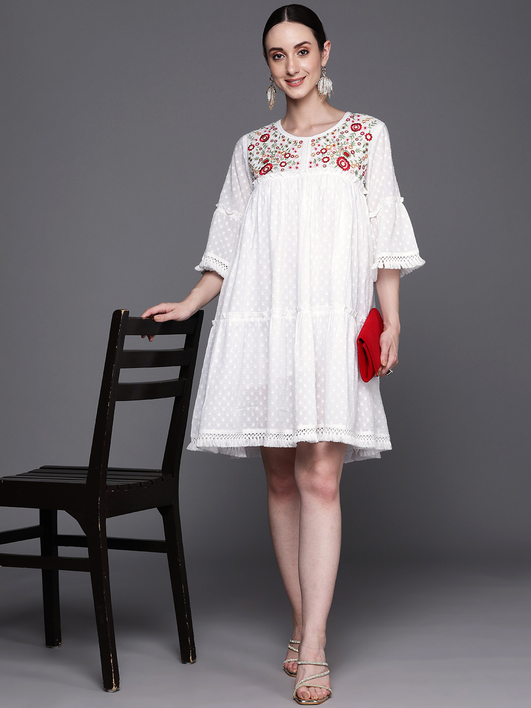 

Indo Era Floral Embroidered Flared Sleeves A-Line Ethnic Dress, White