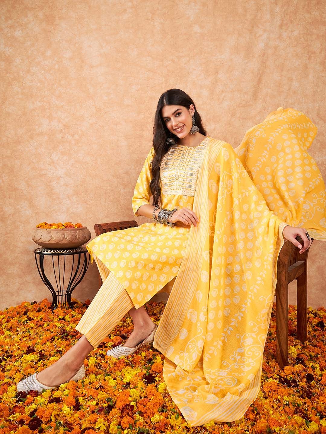 

Indo Era Floral Printed Regular Sequinned Pure Cotton Kurta With Trousers & Dupatta, Yellow