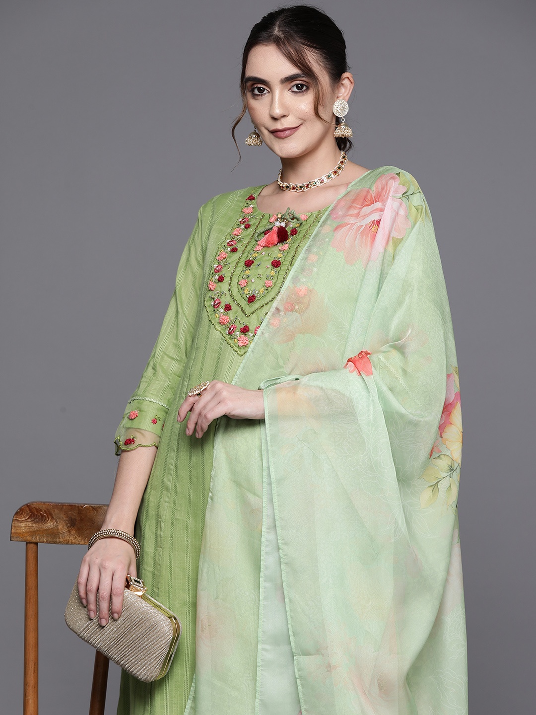 

Indo Era Floral Embroidered Regular Thread Work Pure Cotton Kurta With Trousers & Dupatta, Green