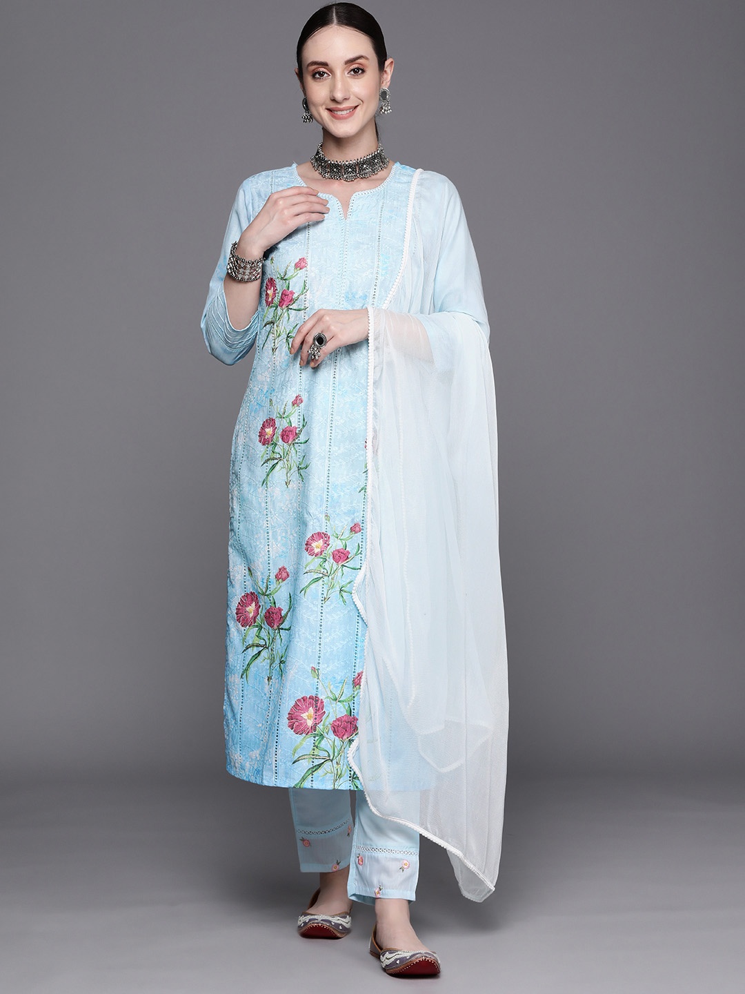 

Indo Era Floral Embroidered Regular Thread Work Pure Cotton Kurta With Trousers & Dupatta, Blue