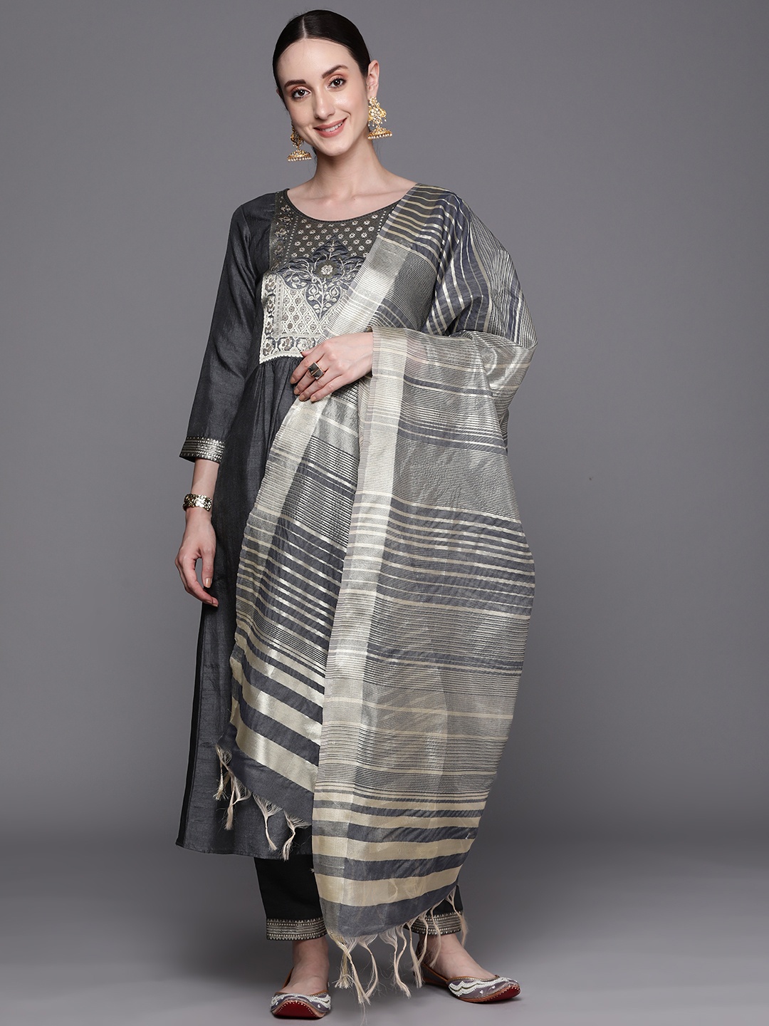 

Indo Era Yoke Design Regular Kurta With Trousers & Dupatta, Grey