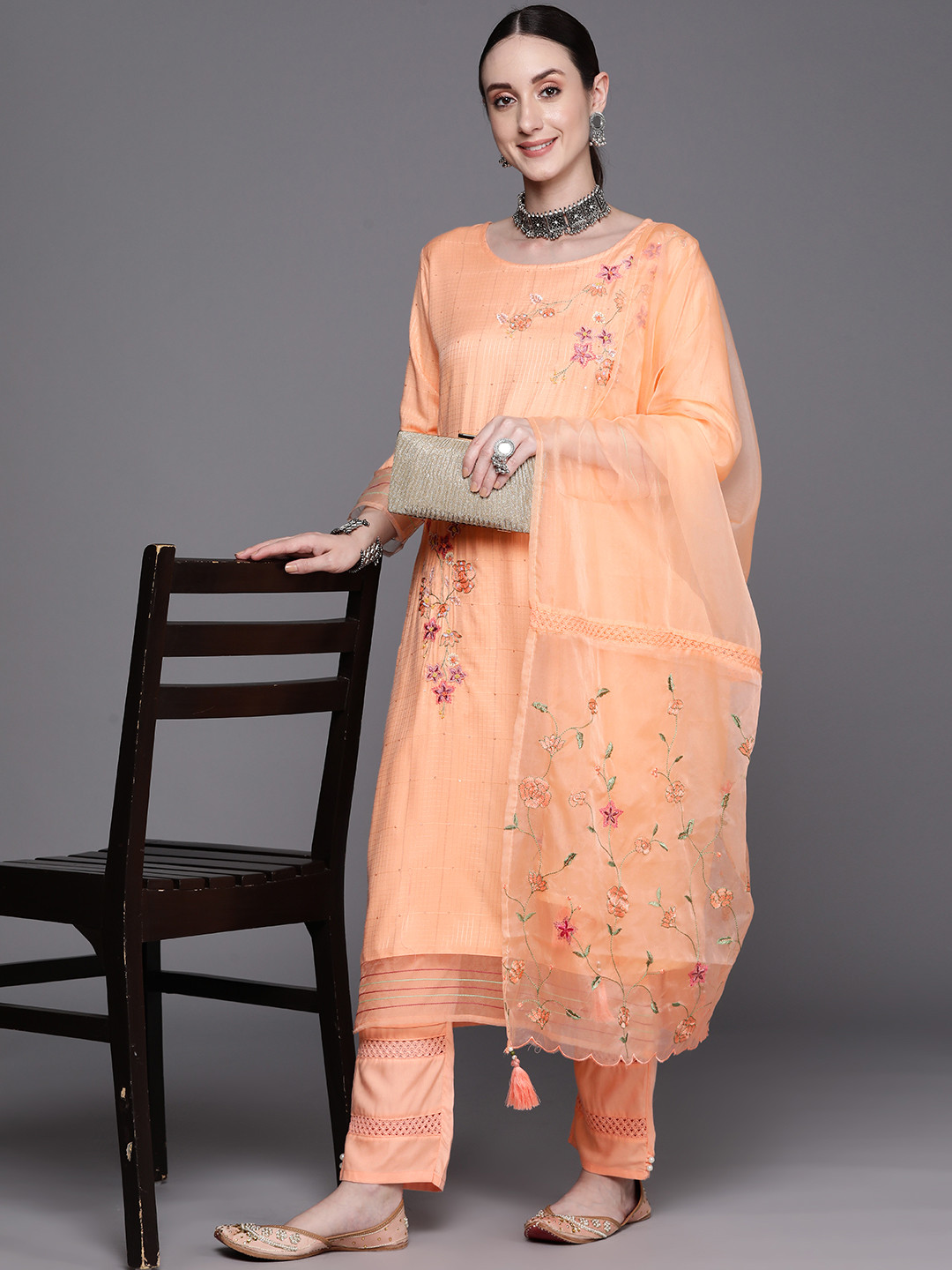 

Indo Era Floral Embroidered Regular Thread Work Kurta With Trousers & Dupatta, Peach