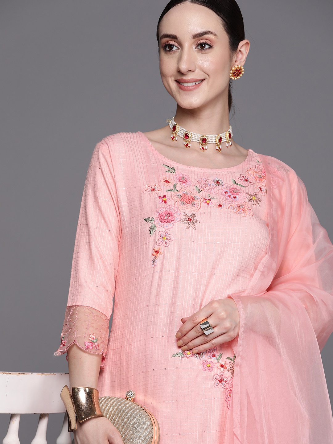 

Indo Era Floral Embroidered Regular Thread Work Kurta With Trousers & Dupatta, Pink