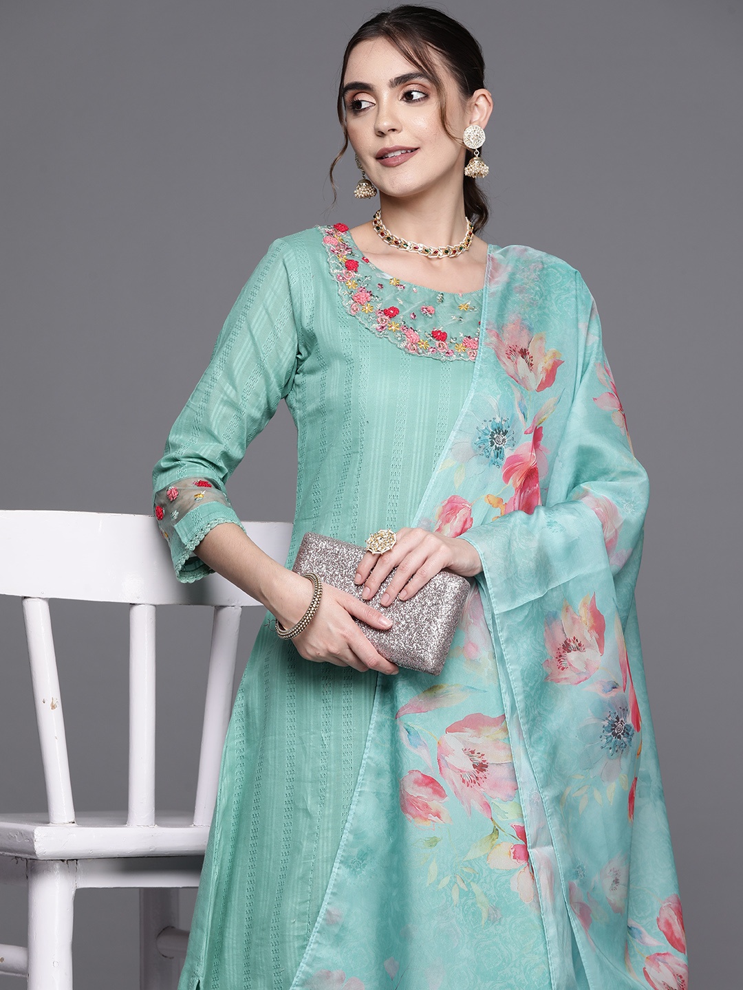 

Indo Era Floral Embroidered Panelled Thread Work Pure Cotton Kurta With Trousers & Dupatta, Turquoise blue