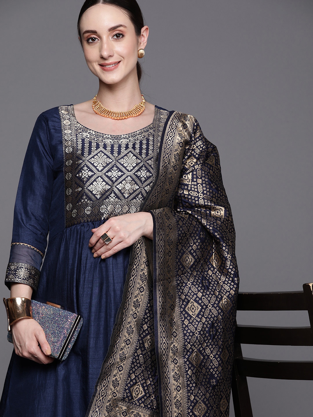 

Indo Era Yoke Design Regular Kurta With Trousers & Dupatta, Navy blue