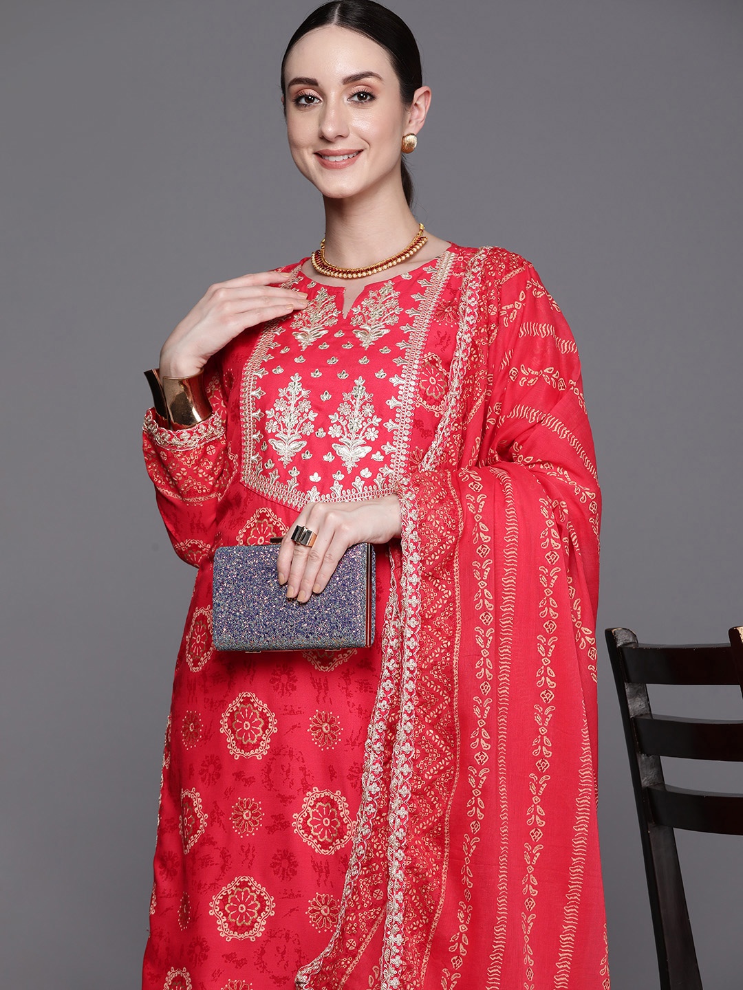 

Indo Era Floral Printed Regular Sequinned Kurta With Sharara & Dupatta, Red