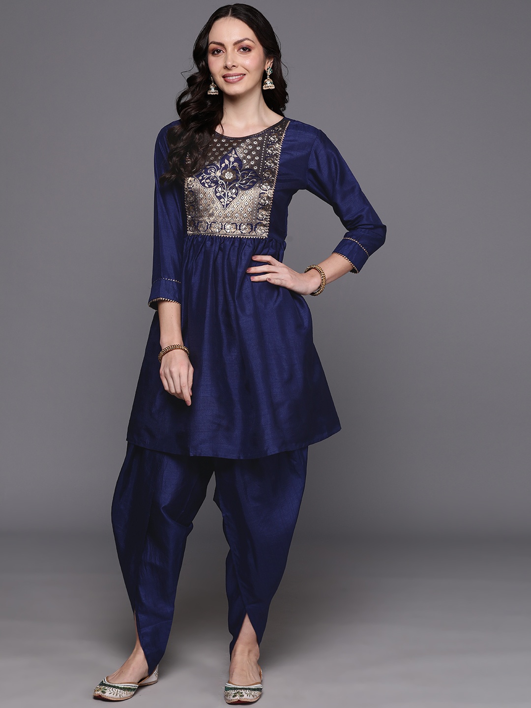 

Indo Era Floral Yoke Design Pleated Zari Fusion Kurta with Dhoti Pants, Blue