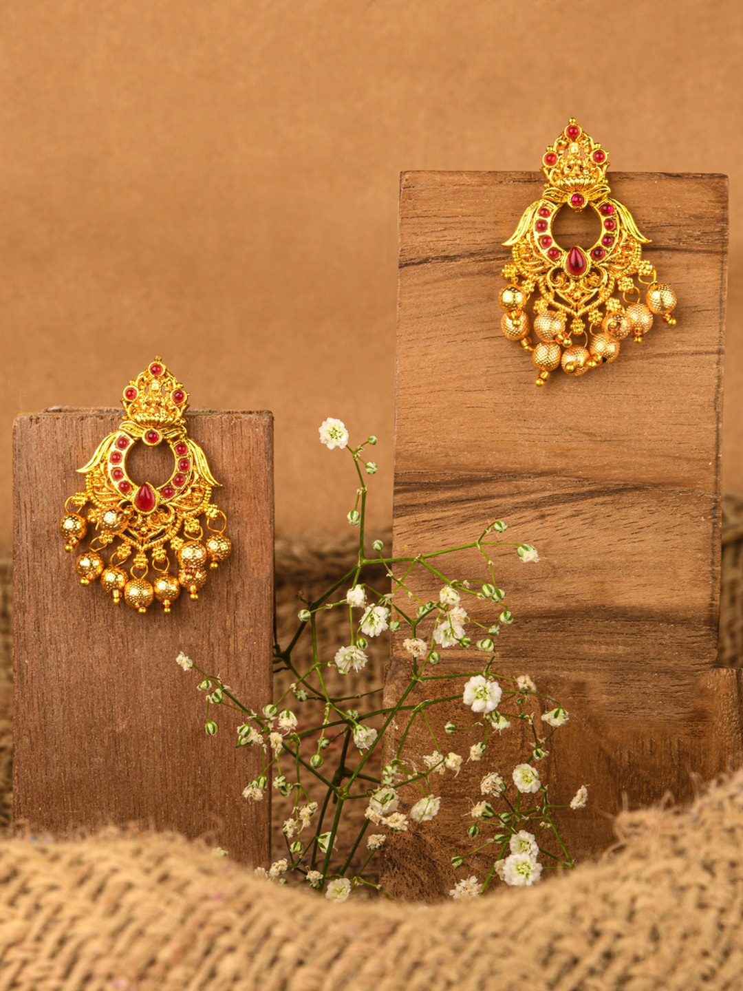 

Fida Gold-Plated Stone Studded Contemporary Lakshmi Drop Earrings