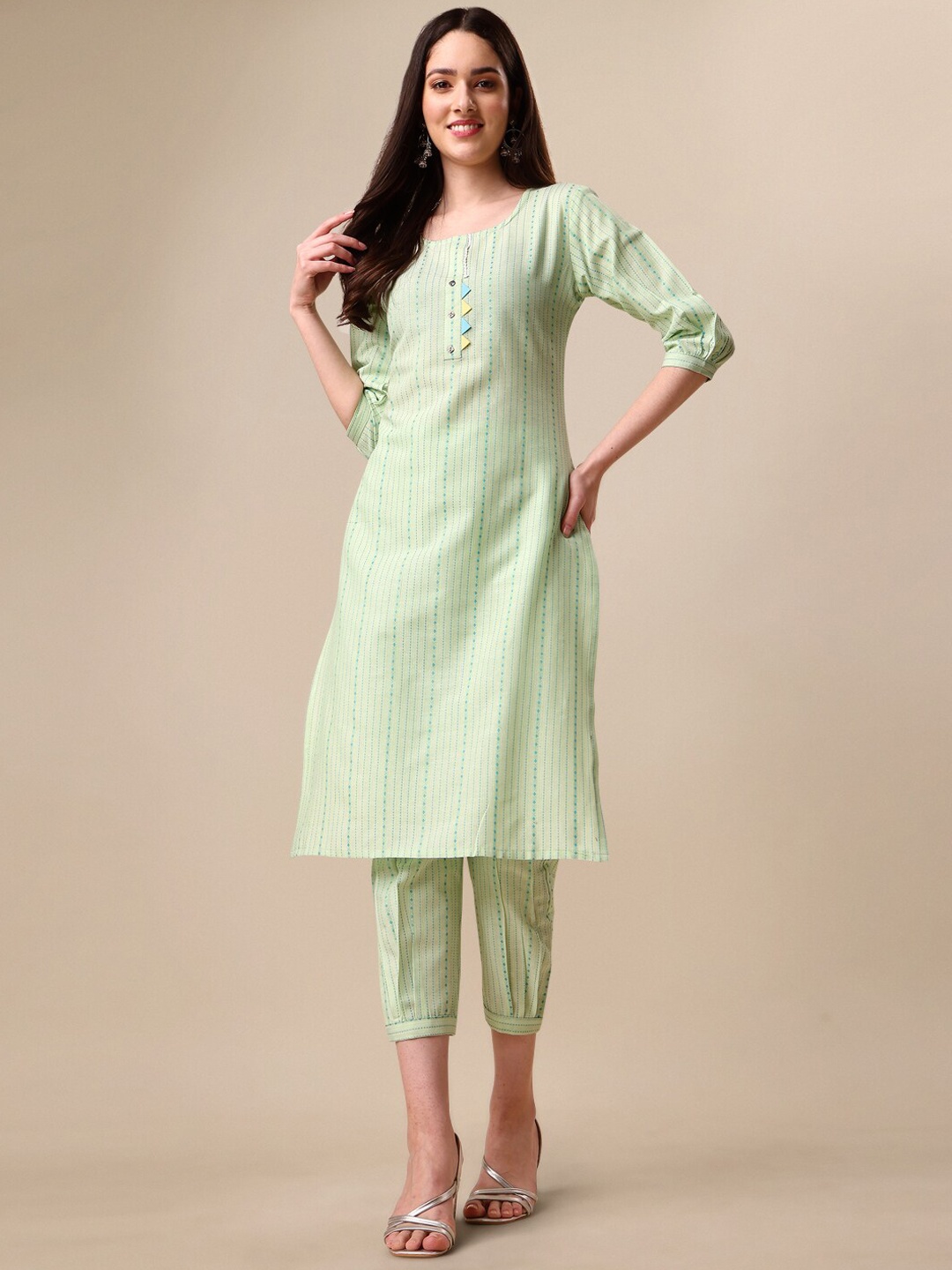 

KALINI Striped Puff Sleeves Kurta with Trousers, Green