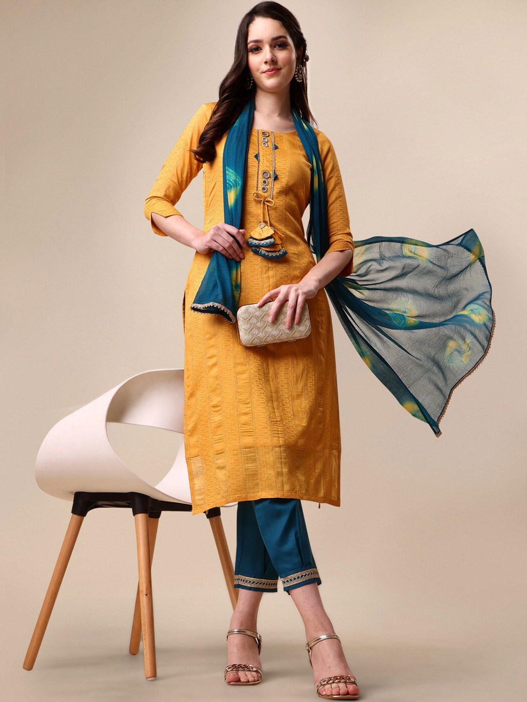 

KALINI Ethnic Motifs Woven Design Mirror Work Kurta With Trousers & Dupatta, Mustard