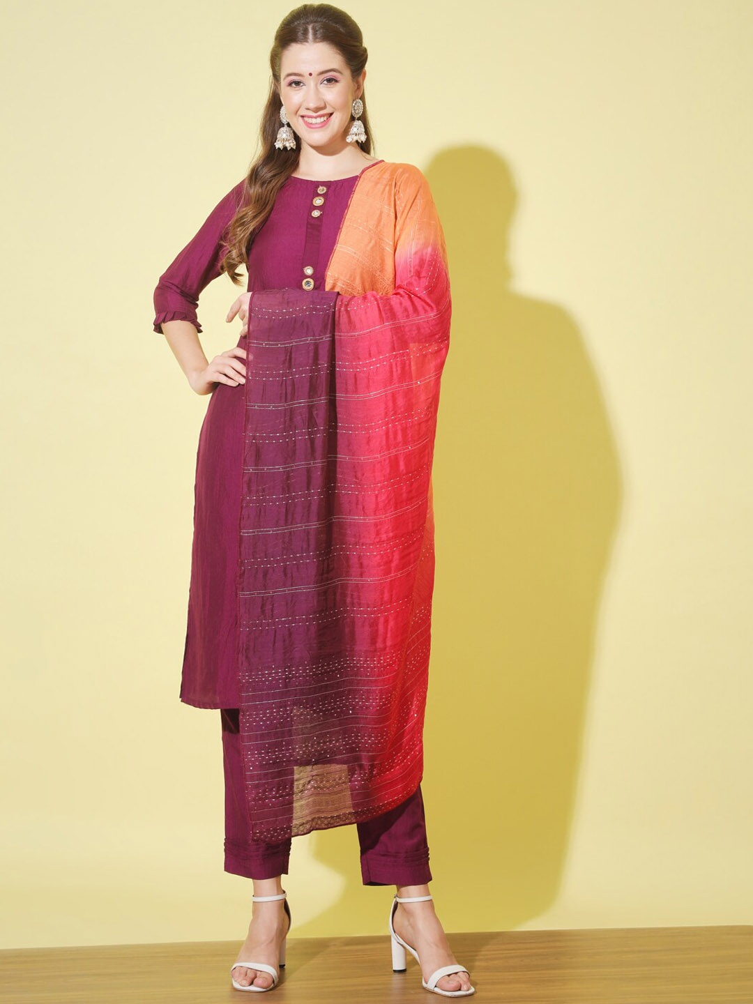 

KALINI Mirror Work Kurta With Trousers & Dupatta, Purple