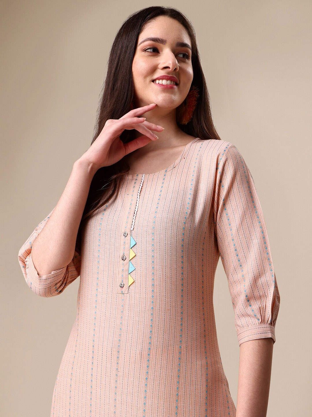 

KALINI Striped Puff Sleeves Kurta with Trousers, Peach