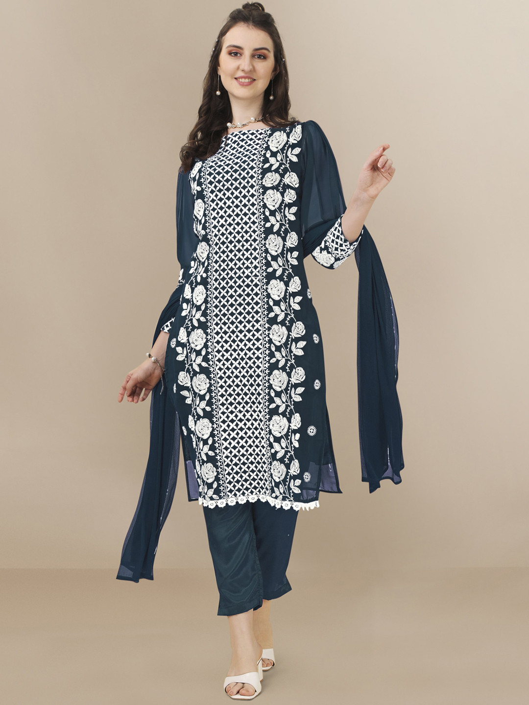 

HERE&NOW Floral Embroidered Chikankari Kurta with Trousers & Dupatta, Teal