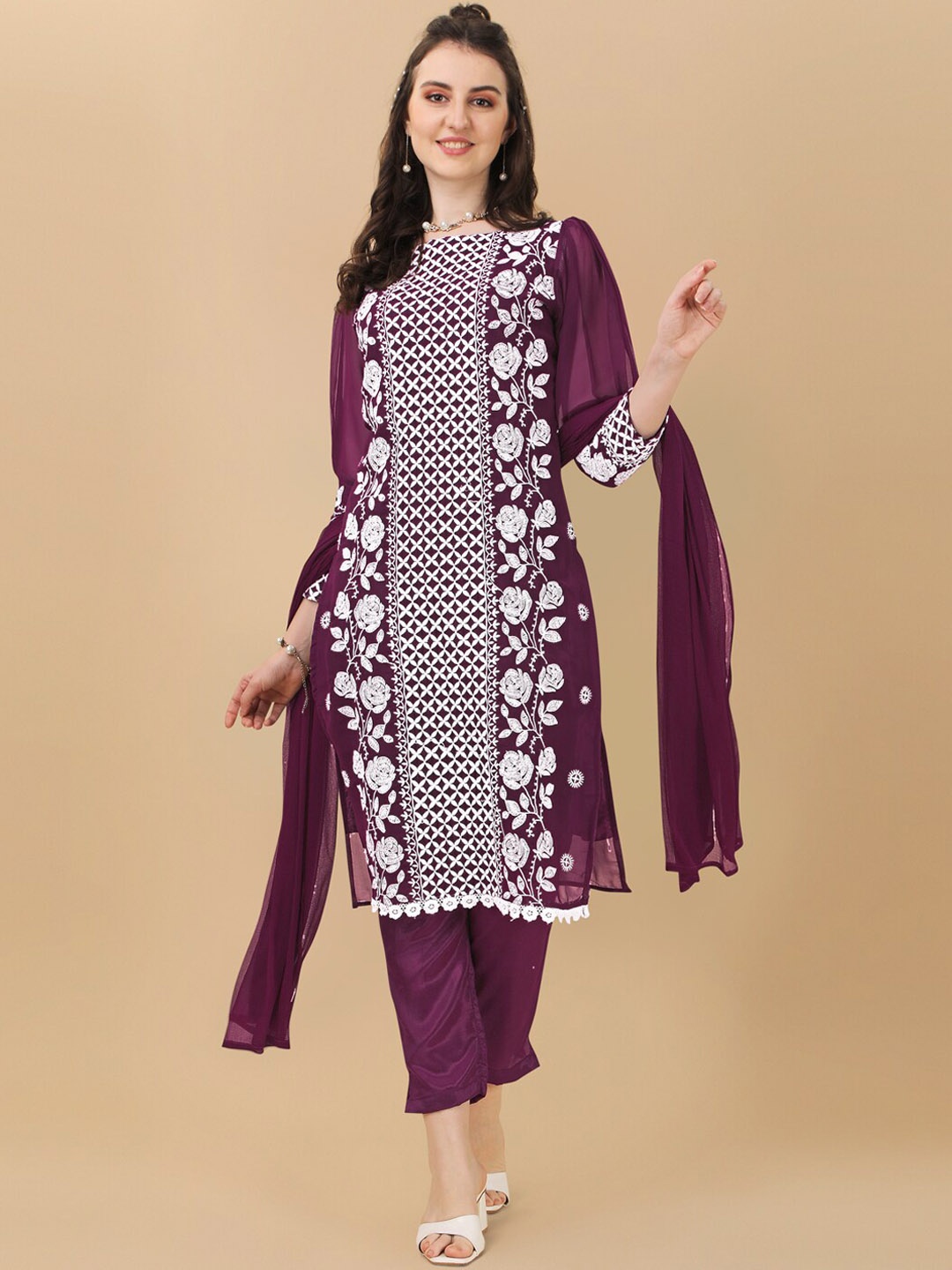 

HERE&NOW Floral Embroidered Chikankari Kurta with Trousers & Dupatta, Purple