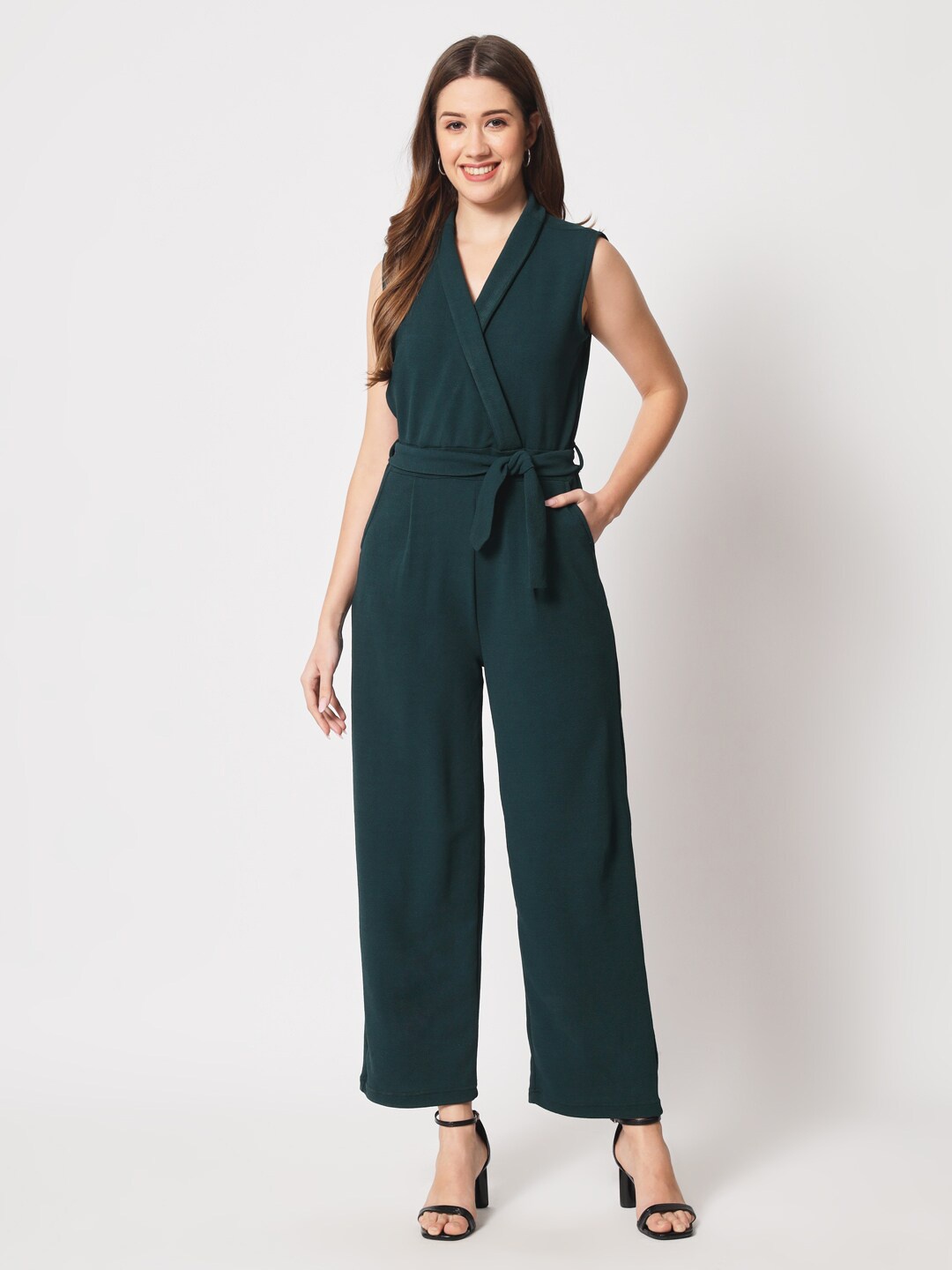 

Kannan V-Neck Sleeveless Basic Jumpsuit with Belt, Teal