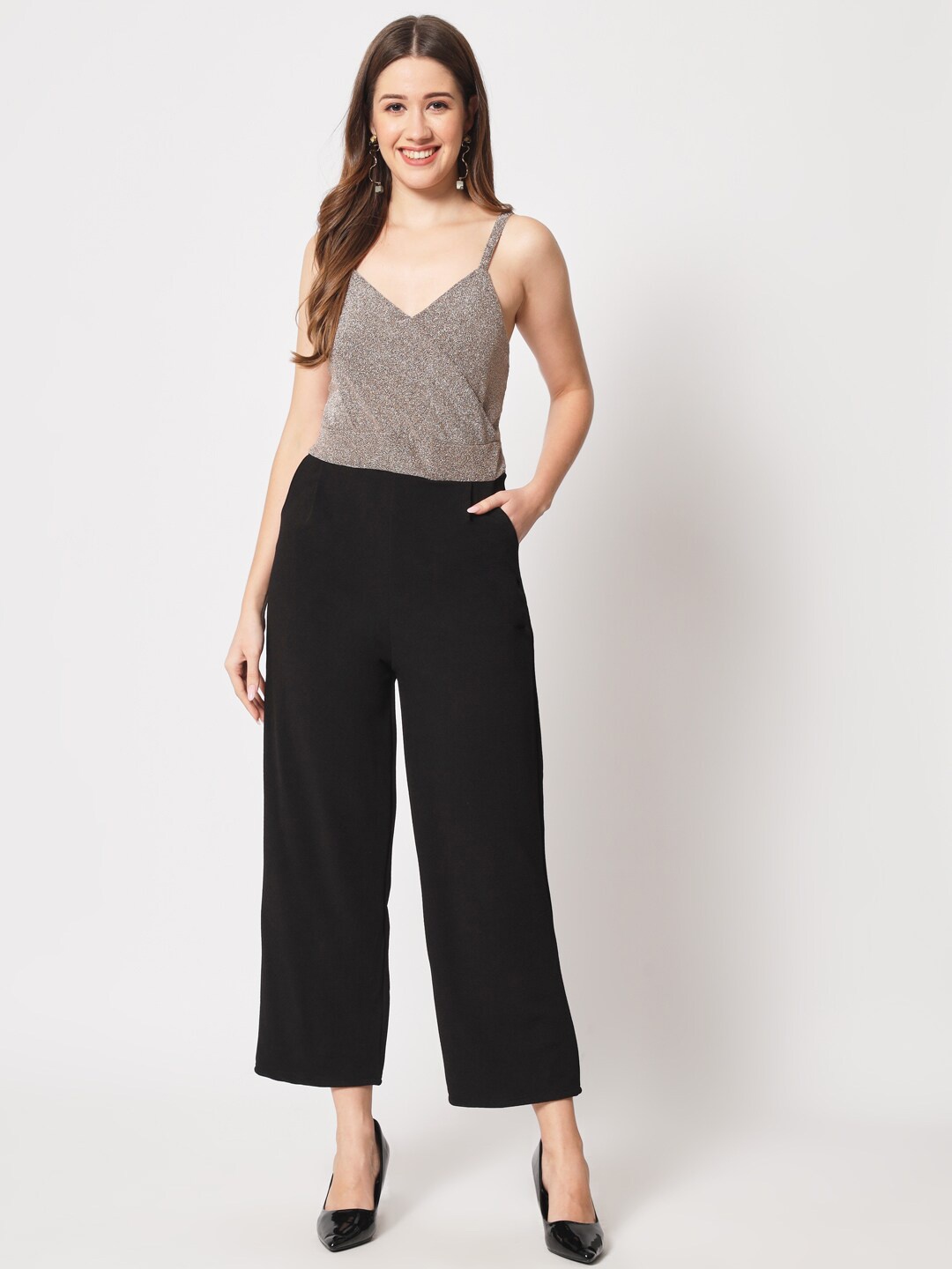 

Kannan Self Design Sleeveless Culotte Jumpsuit, Gold