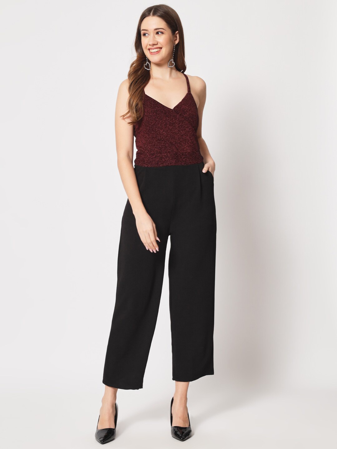 

Kannan Shoulder Straps Embellished Basic Jumpsuit, Maroon