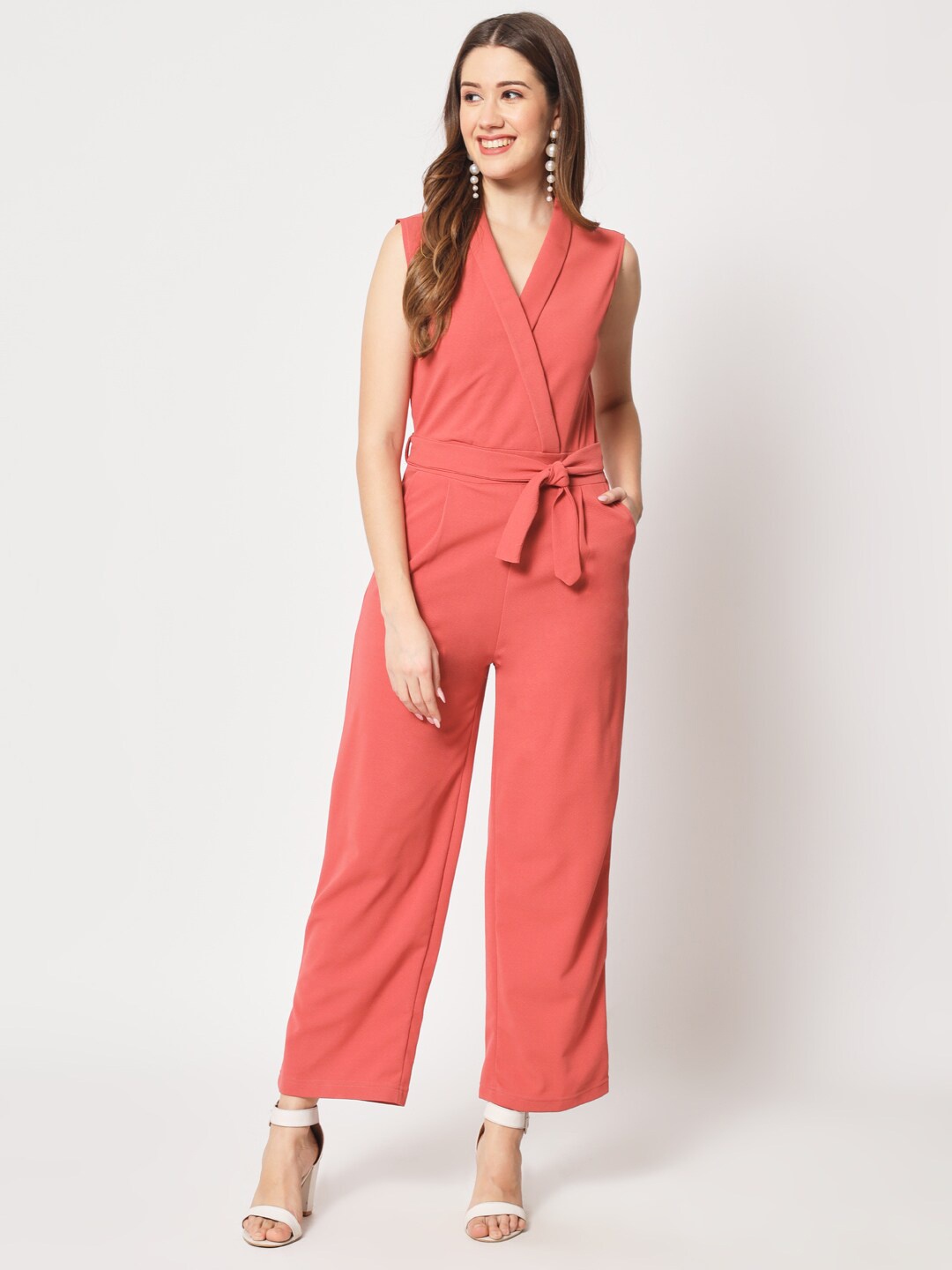 

Kannan V-Neck Sleeveless Basic Jumpsuit with Belt, Coral