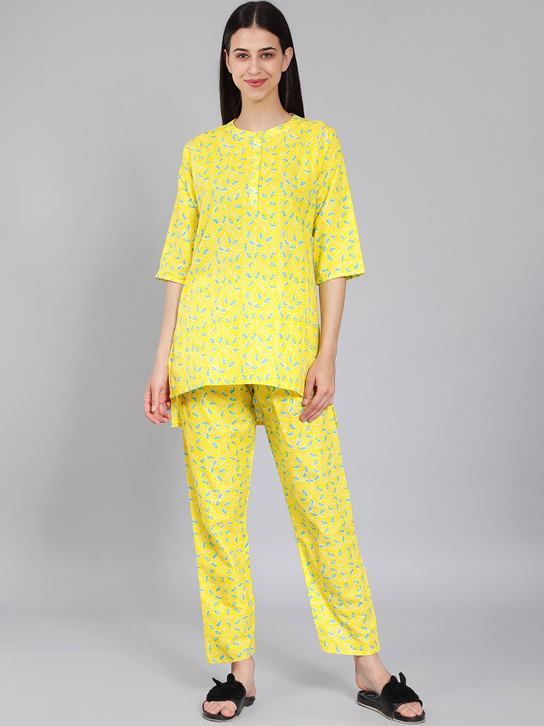 

HotGown Floral Printed Pure Cotton Night Suit, Yellow