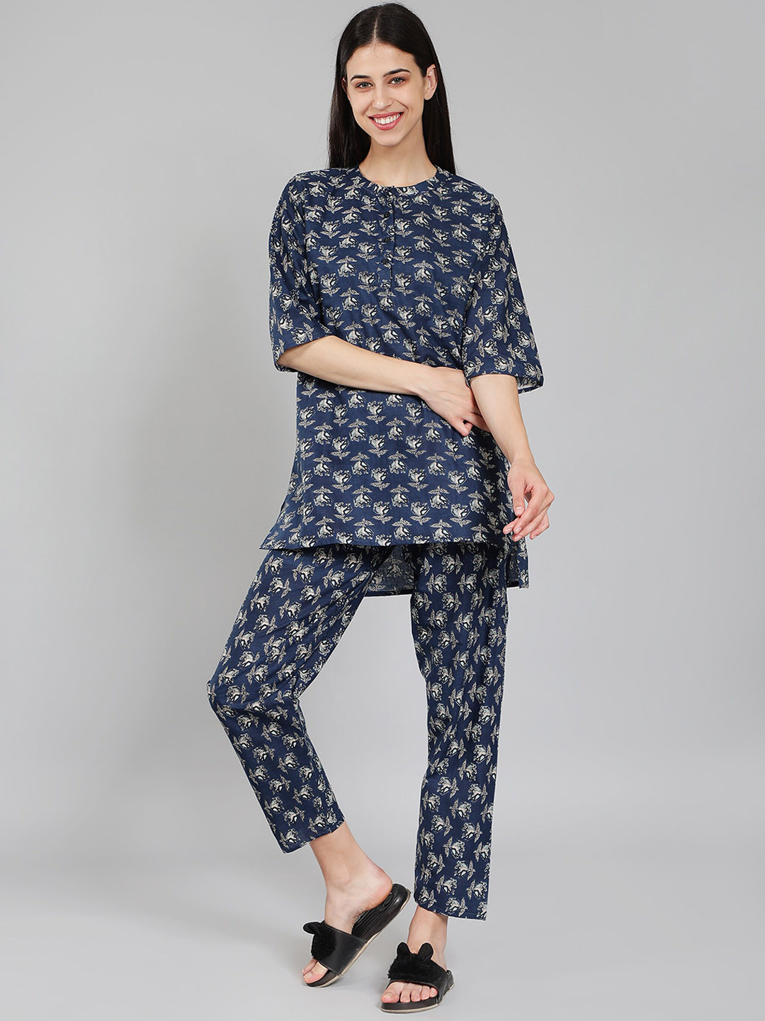 

HotGown Ethnic Motifs Printed Pure Cotton Night Suit, Blue
