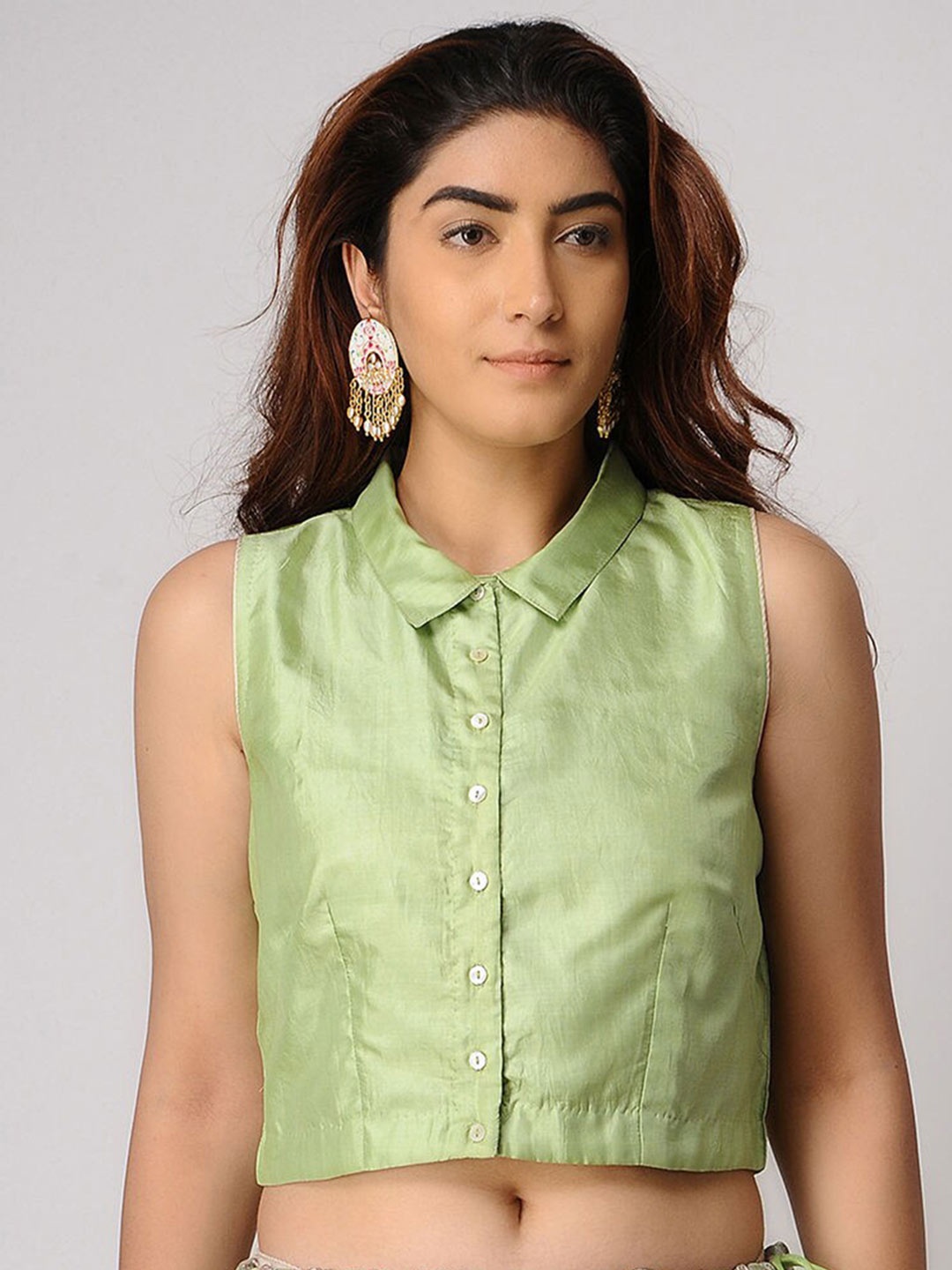 

SMRITI GUPTA Pure Silk Shirt Style Crop Top, Green