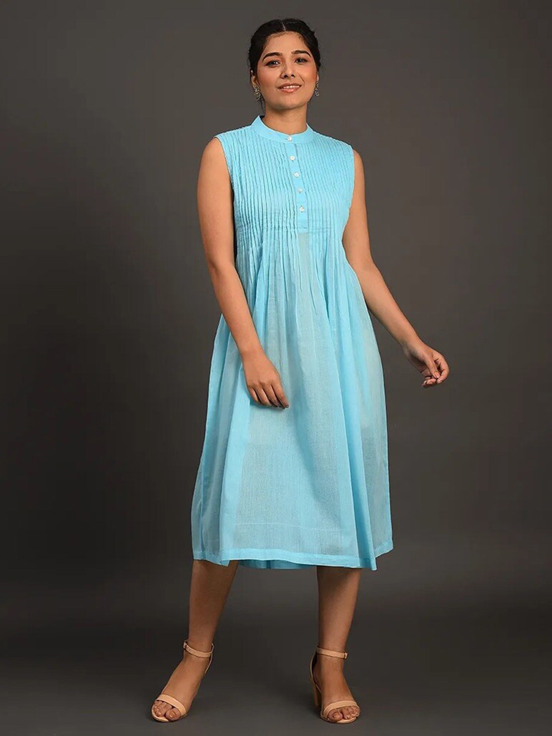 

SMRITI GUPTA Cotton Mandarin Collar Sleeveless A-Line Midi Dress, Blue