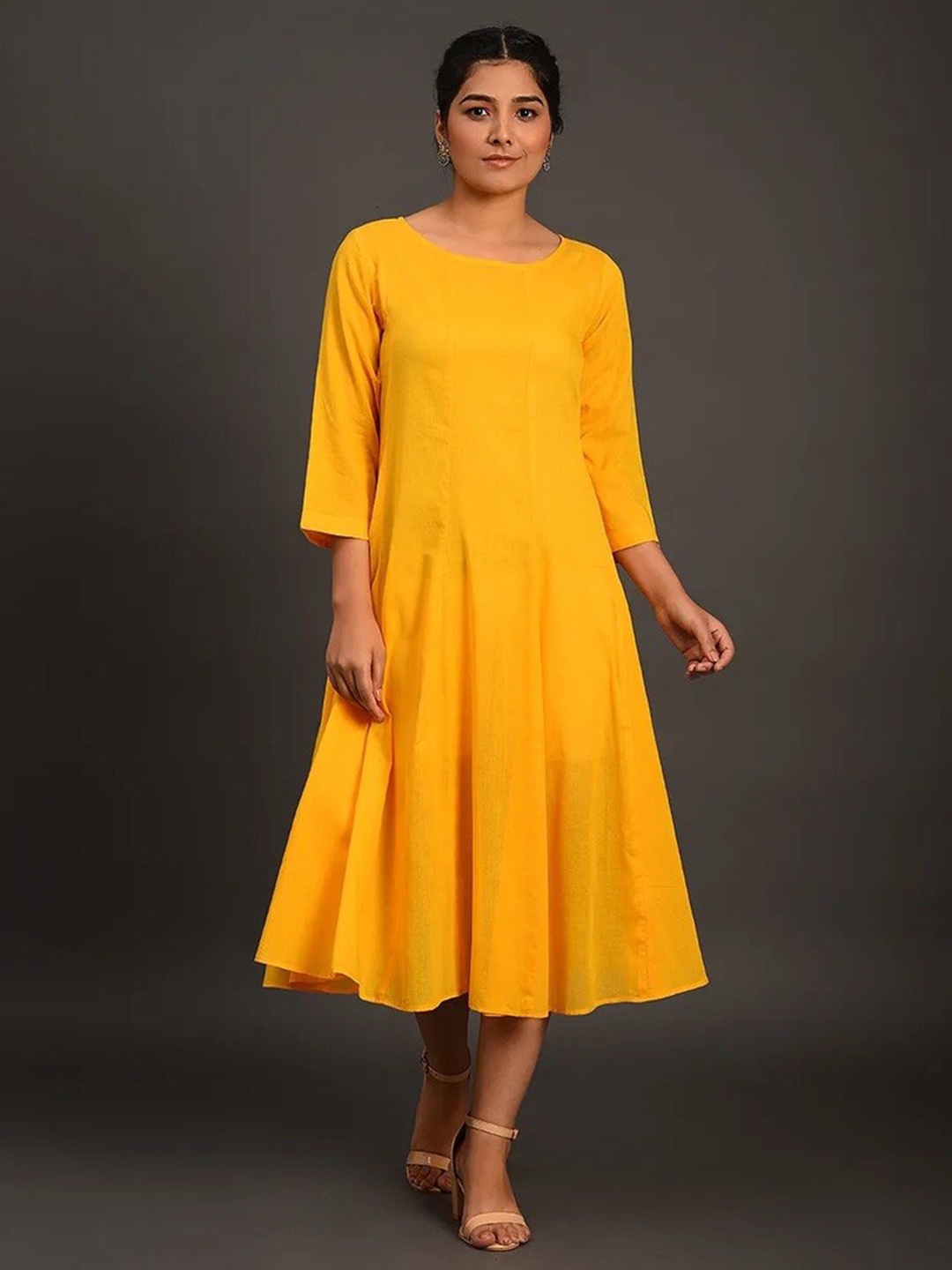 

SMRITI GUPTA Cotton Round Neck Fit & Flare Midi Dress, Yellow