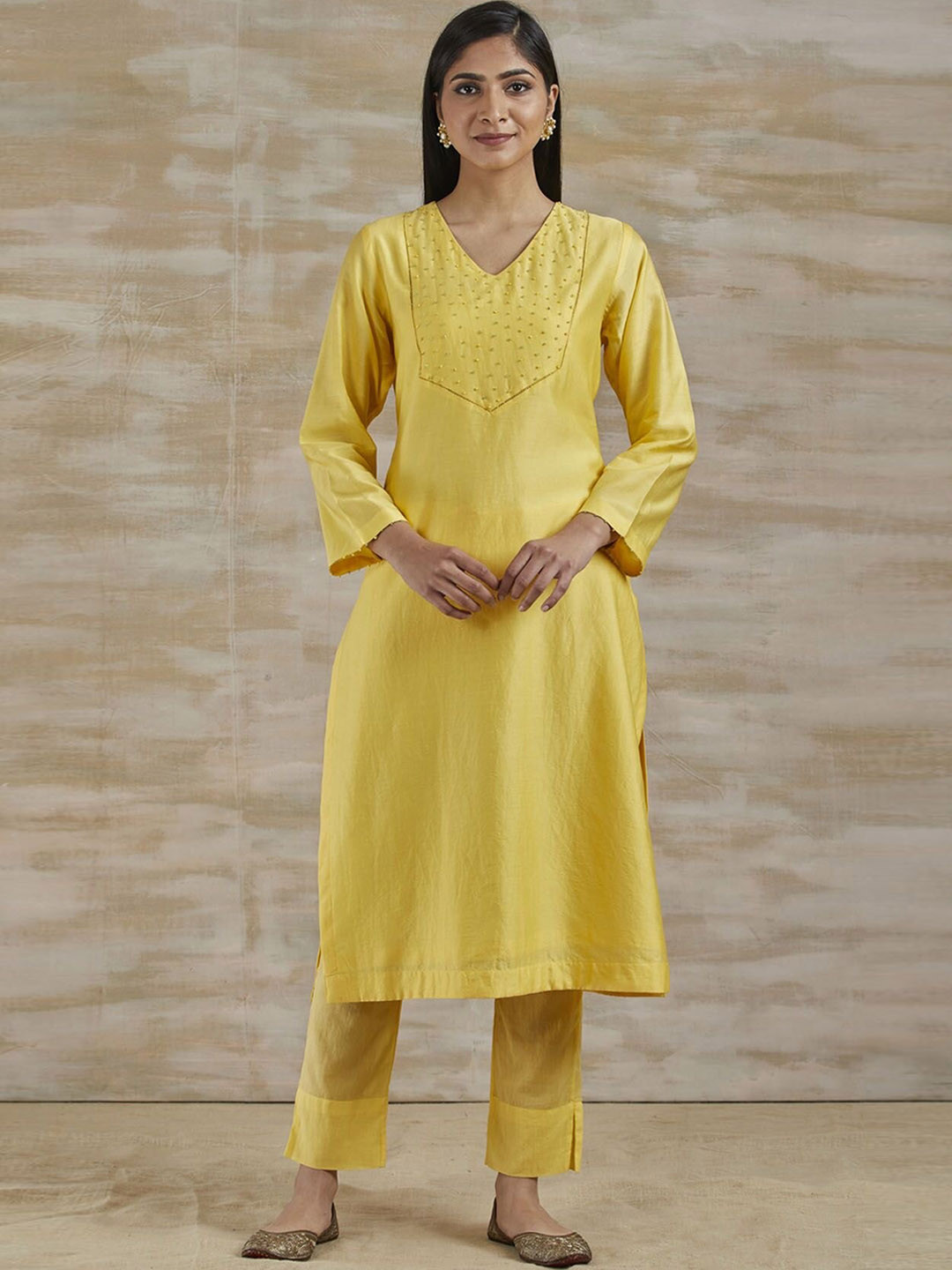 

SMRITI GUPTA Yoke Design Beads Regular Chanderi Cotton Kurta With Trousers, Yellow