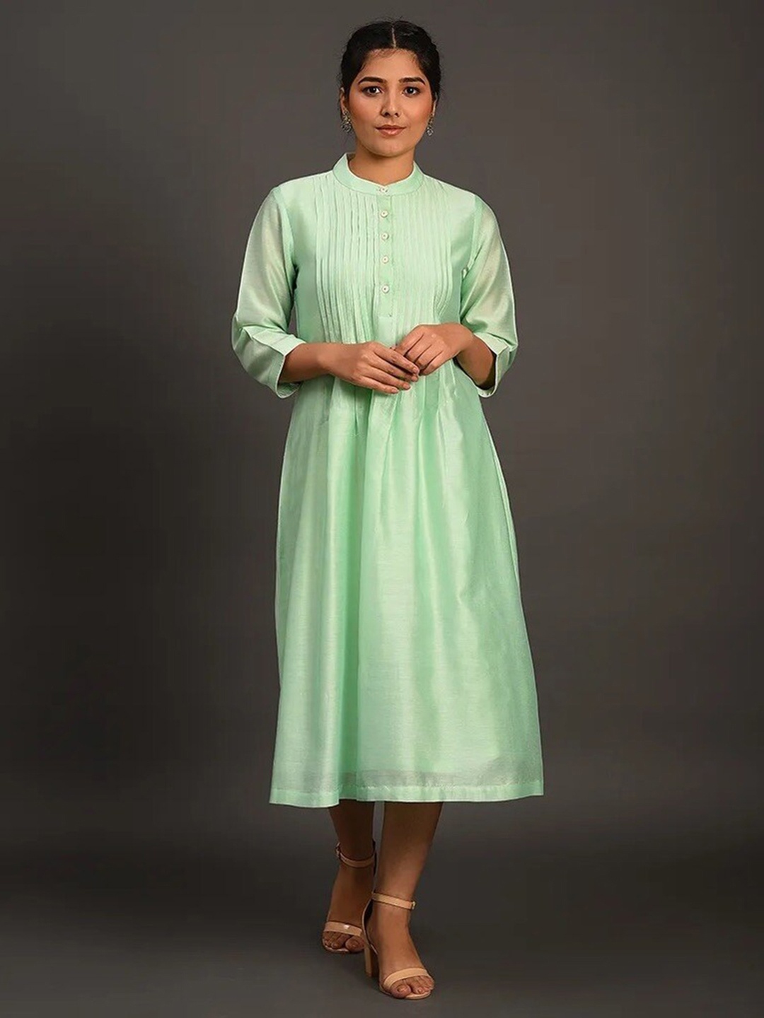 

SMRITI GUPTA Cotton Mandarin Collar A-Line Midi Dress, Green