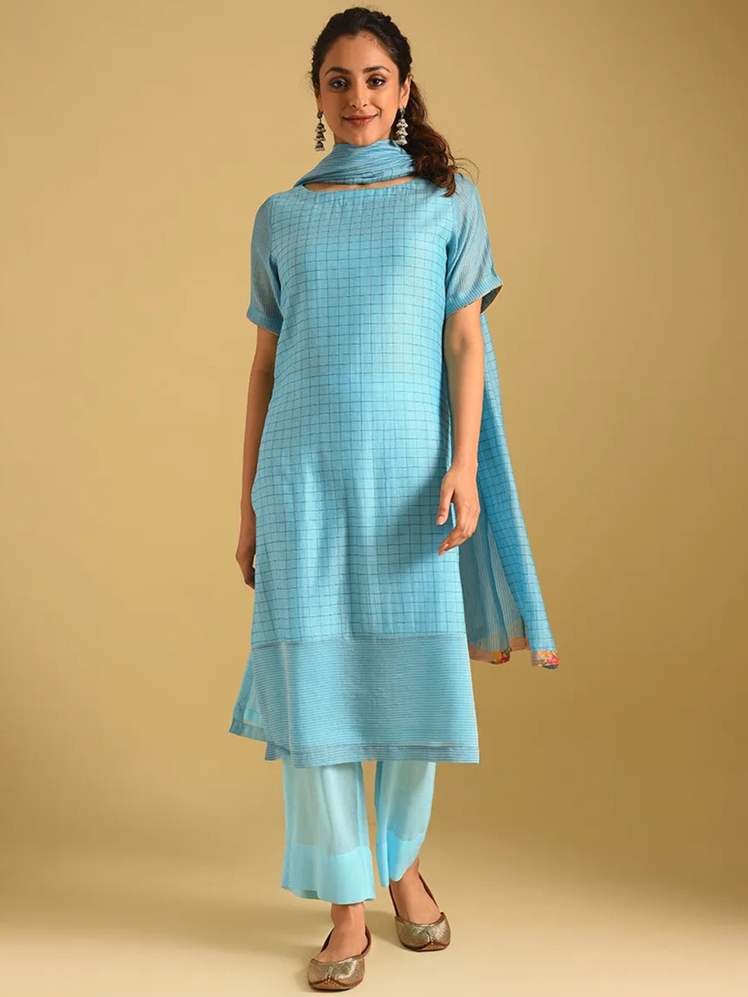 

SMRITI GUPTA Checked Chanderi Cotton Kurta, Turquoise blue