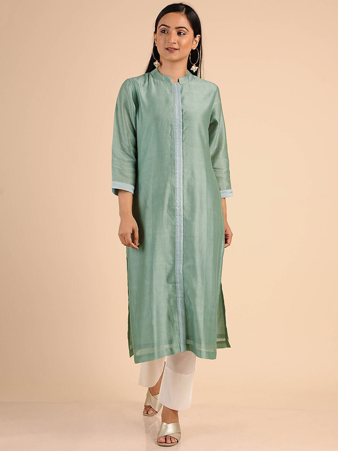 

SMRITI GUPTA Band Collar Chanderi Cotton Kurta, Teal