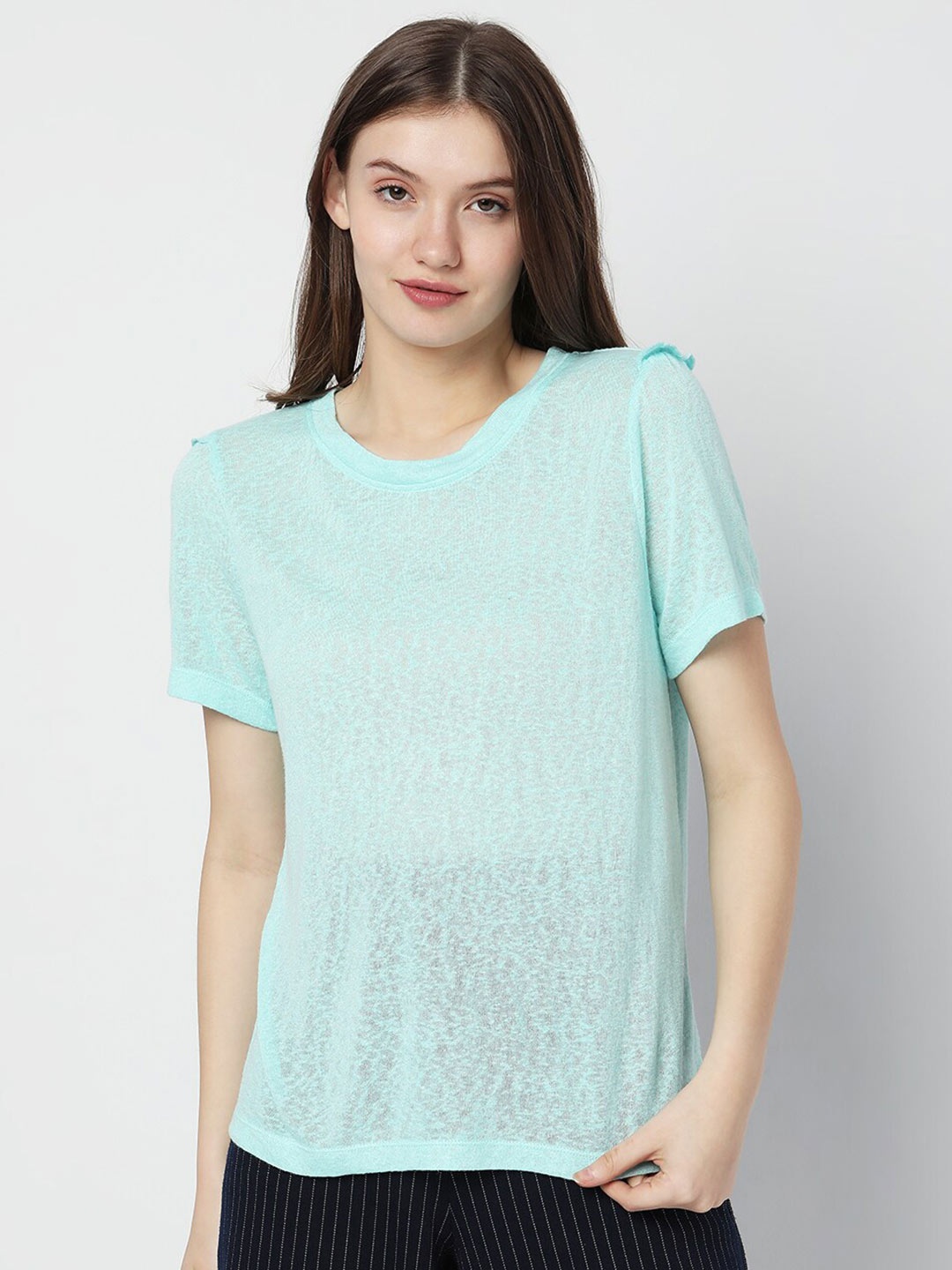 

Vero Moda Self Design Round Neck Casual T-shirt, Blue