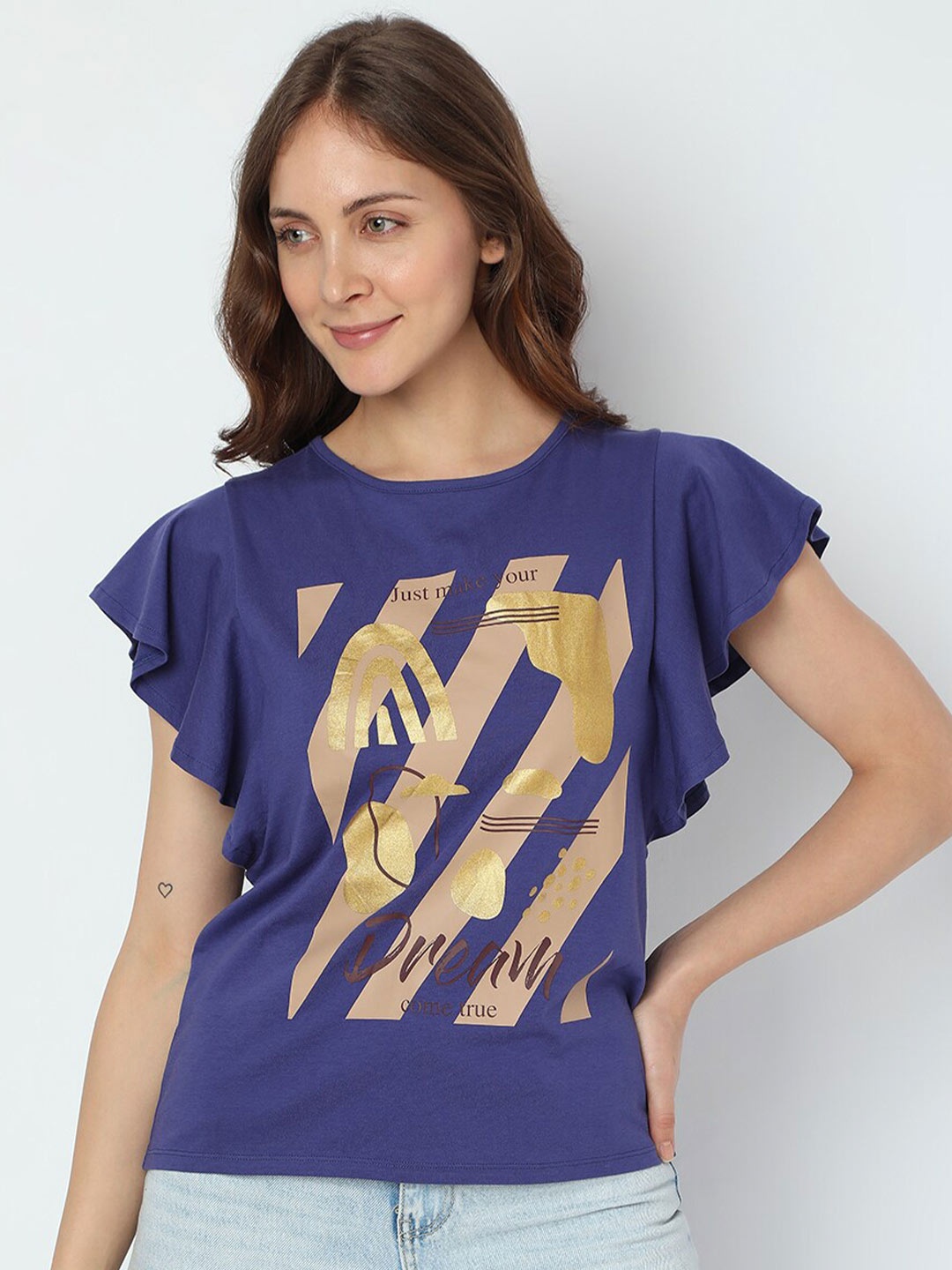 

Vero Moda Graphic Printed Flared Sleeves Cotton T-shirt, Navy blue
