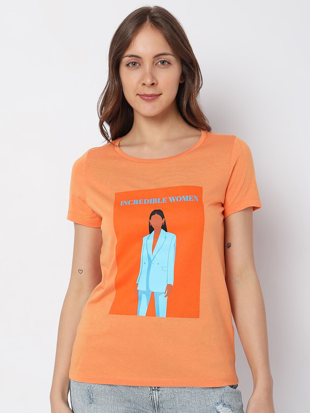 

Vero Moda Graphic Printed Cotton T-shirt, Orange