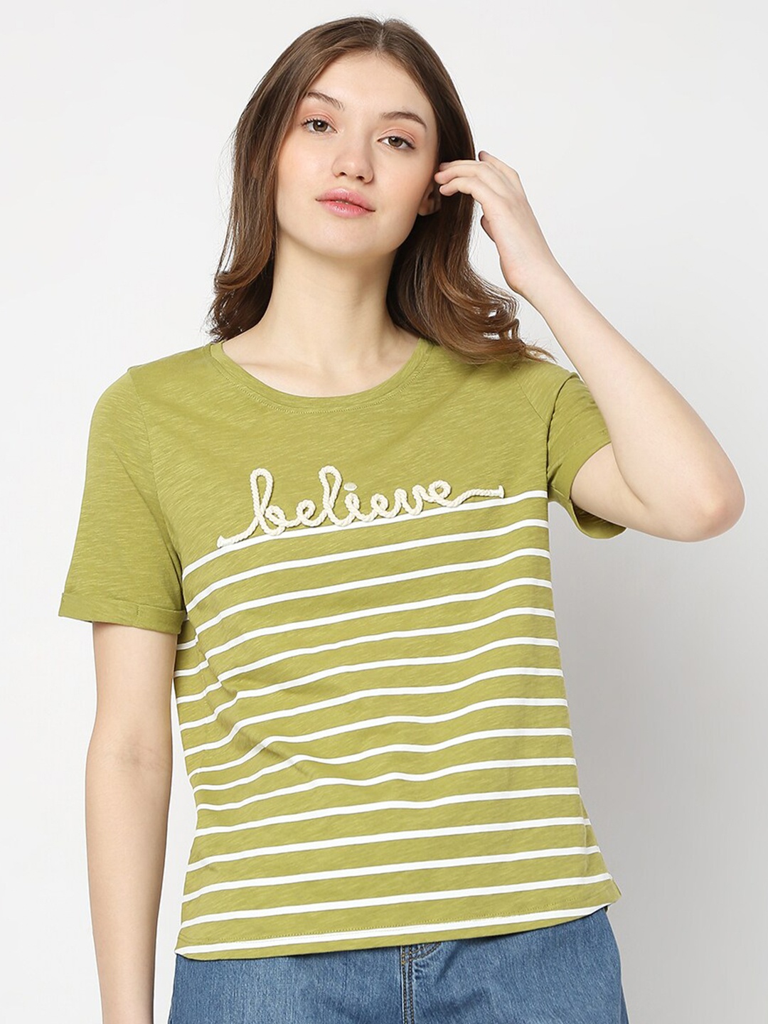 

Vero Moda Striped Cotton T-shirt, Olive