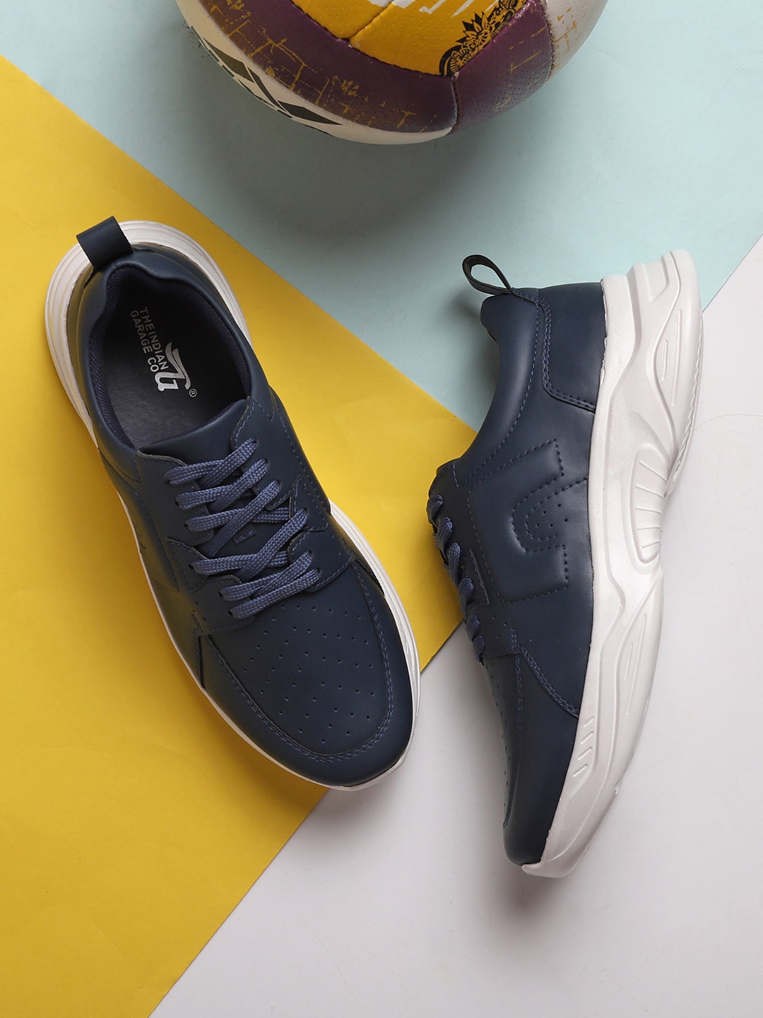 

The Indian Garage Co Men Perforations Contrast Sole Sneakers, Navy blue