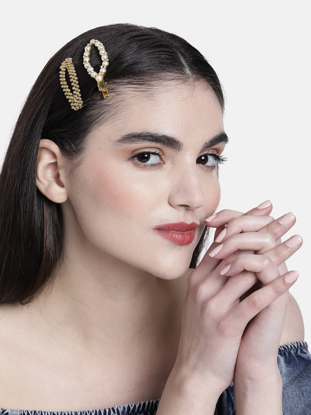 

DressBerry Women Set Of 2 Embellished Alligator & Tic Tac Hair Clips, Gold