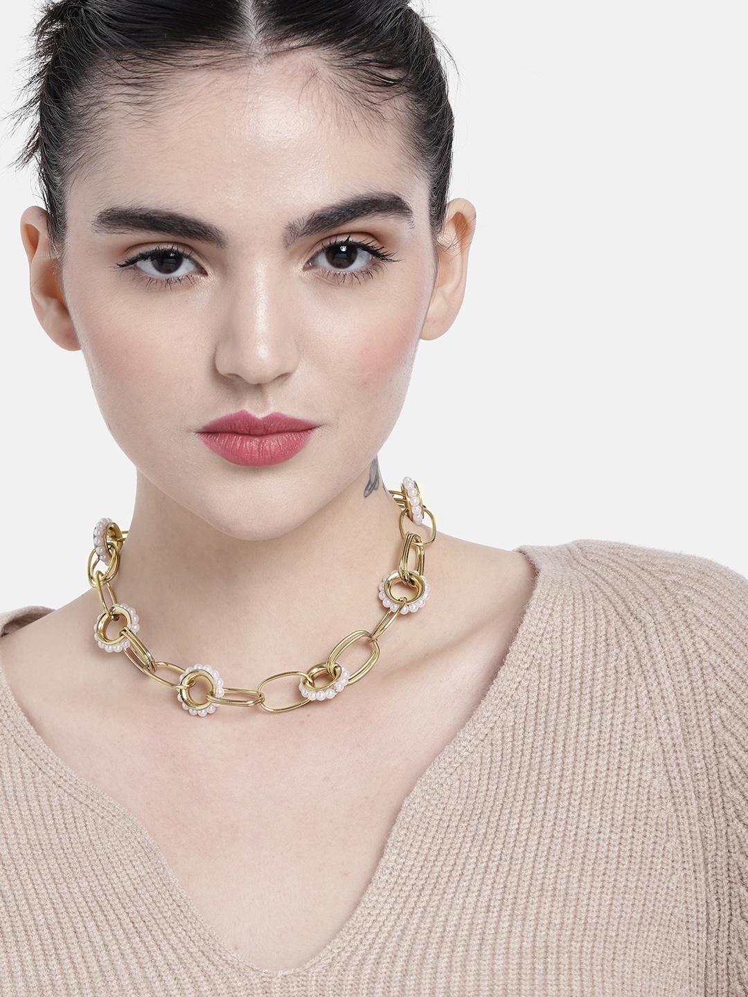 

DressBerry Beaded Interlocked Chain Statement Necklace, Gold