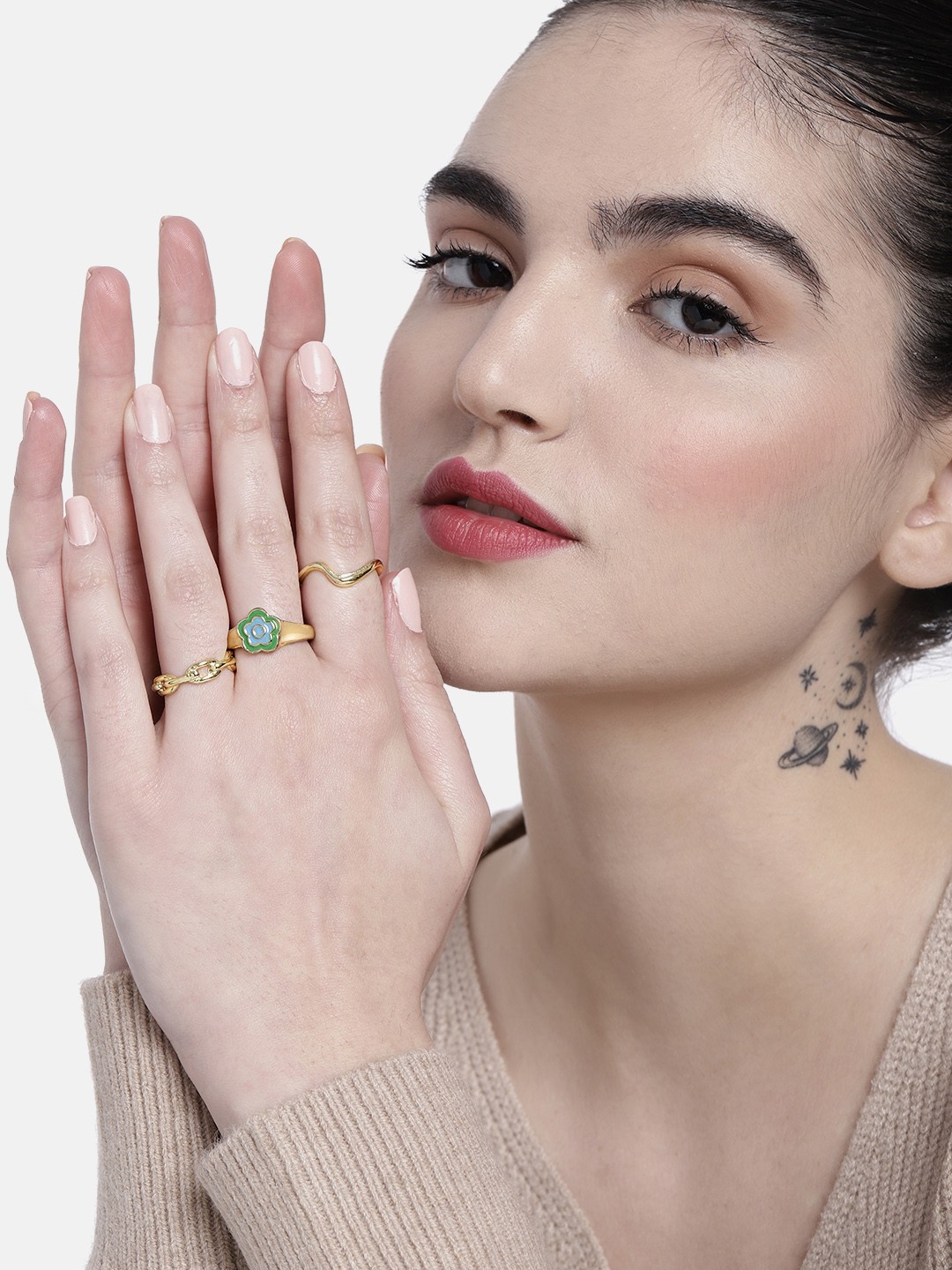 

DressBerry Women Set of 3 Finger Rings, Gold