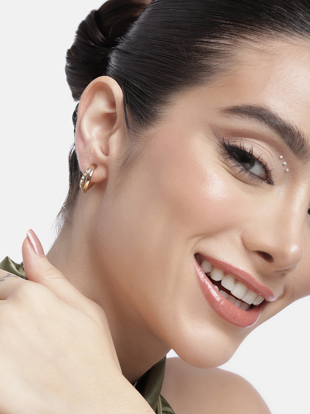 

DressBerry Crescent Shaped Artificial Stones Studded Half Hoop Earrings, Gold