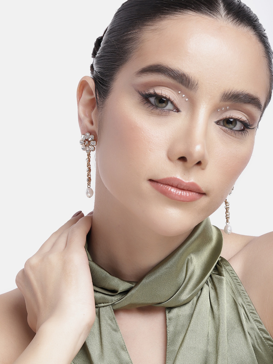 

DressBerry Floral Artificial Stones & Beads Studded Drop Earrings, Gold