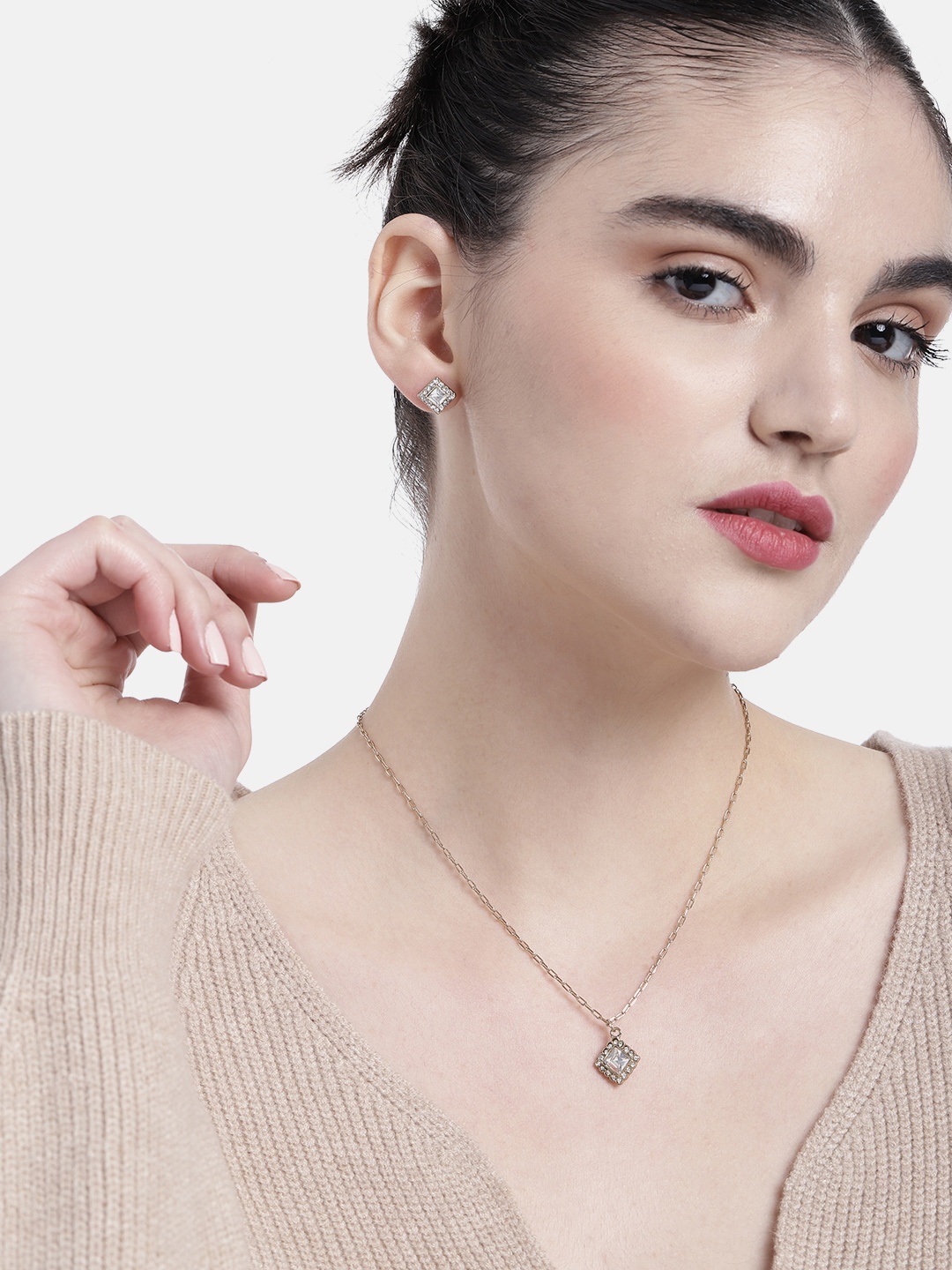 

DressBerry Crystal Studded Earrings & Pendant With Chain Set, Gold