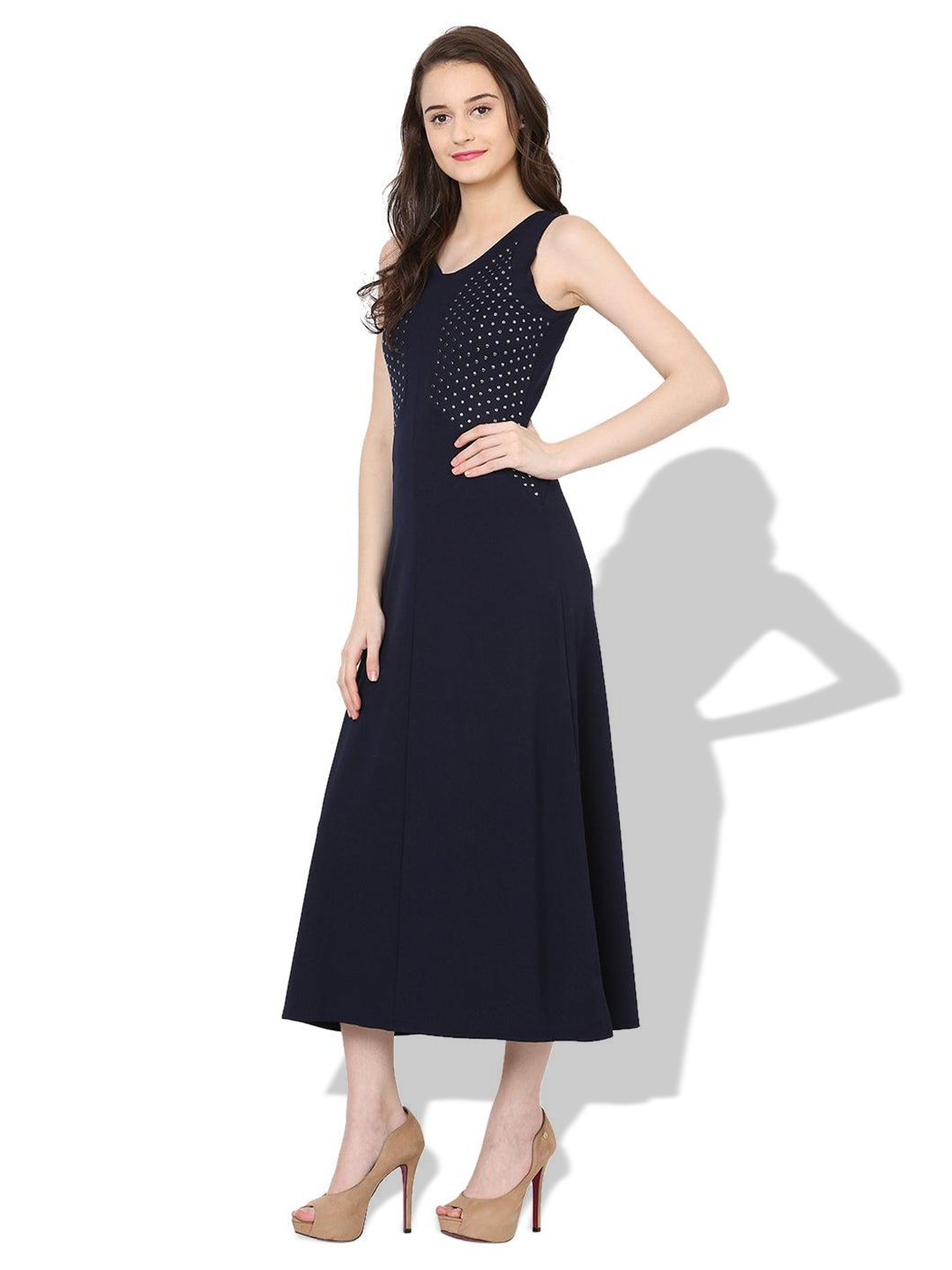 

Lakshita Round Neck Sleeveless A-Line Midi Dress, Navy blue